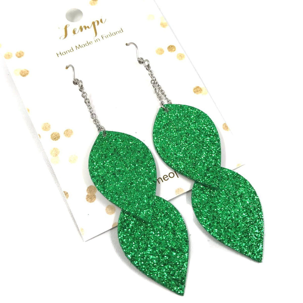 LEMPI-korvakorut, Lehdet (kirkkaanvihreä glitter, 2-os)