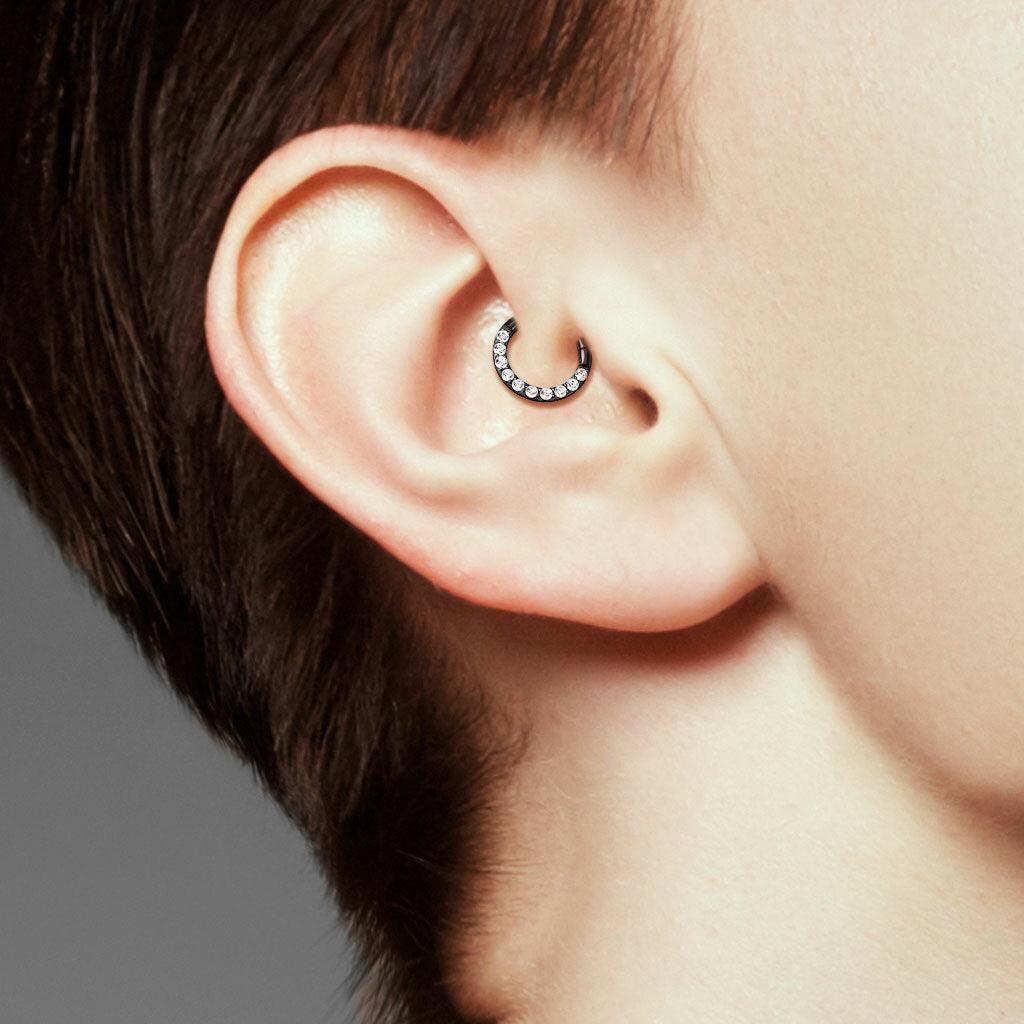 Piercing ring, High Quality Front Facing Hinged Rings with CZ/Black