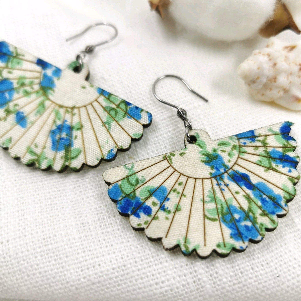 Wooden earrings, Fan Shaped Earrings with Blue Roses