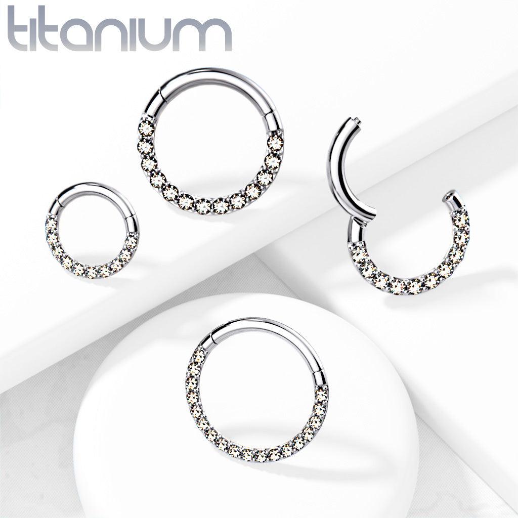 Lävistysrengas, Front Facing Titanium Hinged Hoop Rings with CZ