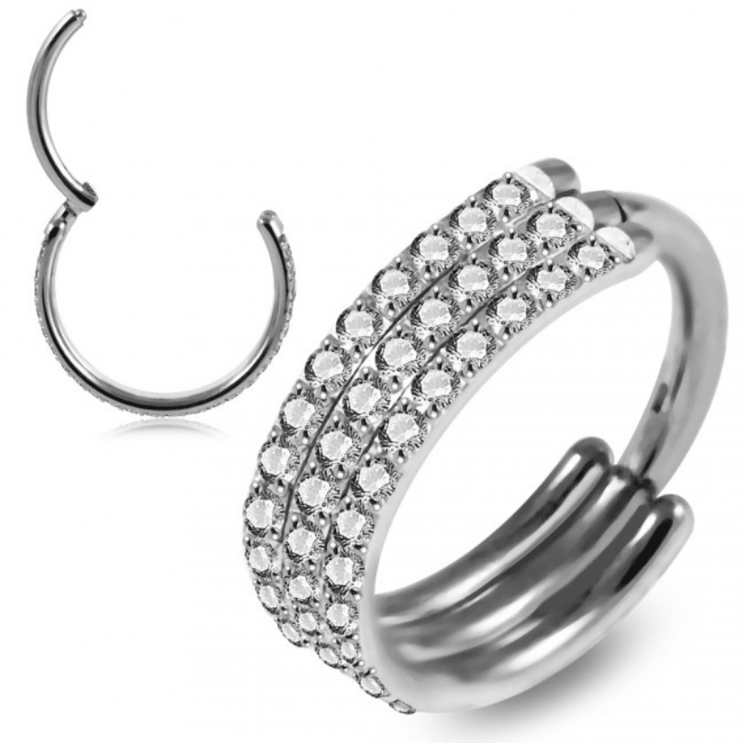 Lävistysrengas, Premium Triple Line CZ Segment Clicker in Steel