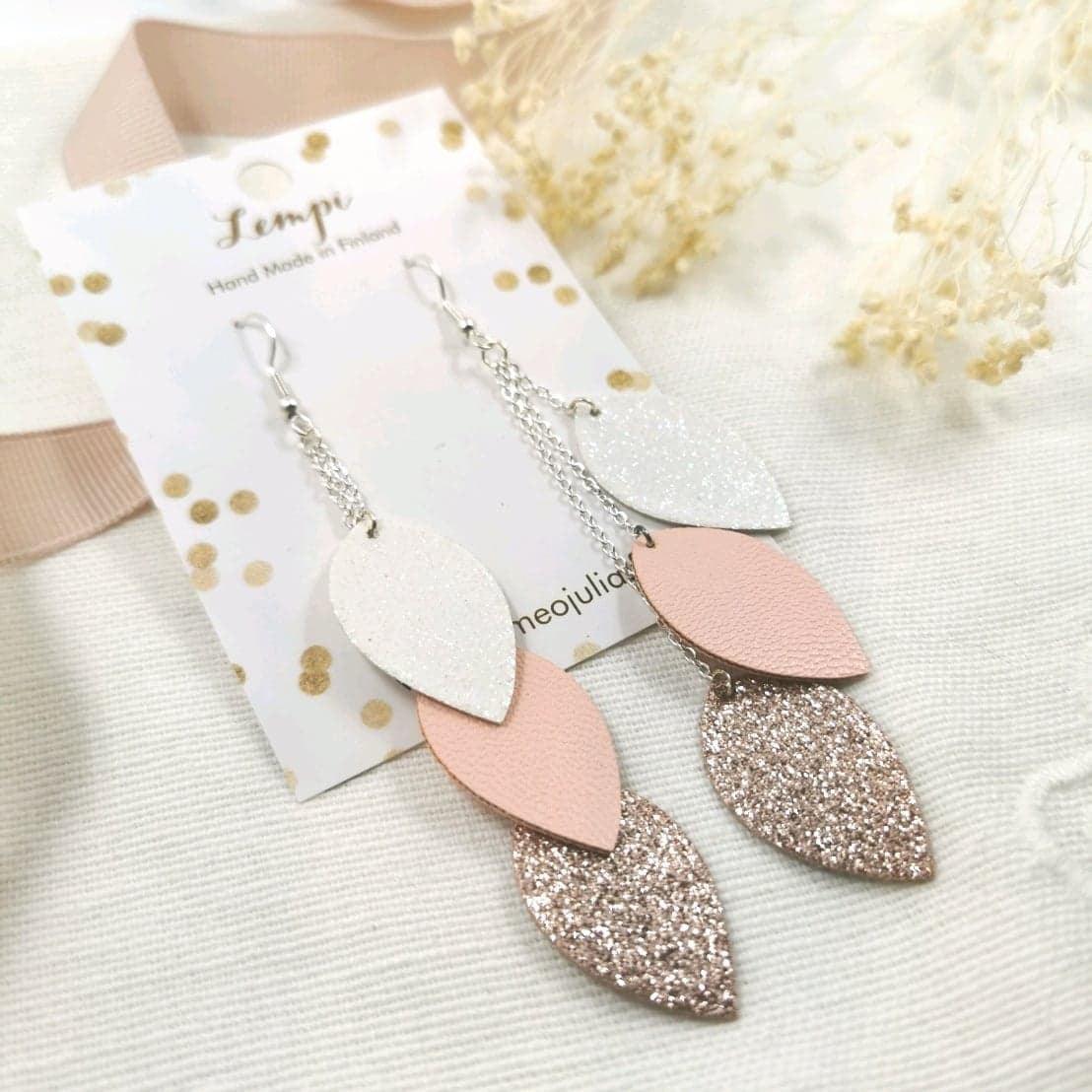 LEMPI earrings, Leaves (tricolor pink, graceful 3-piece)