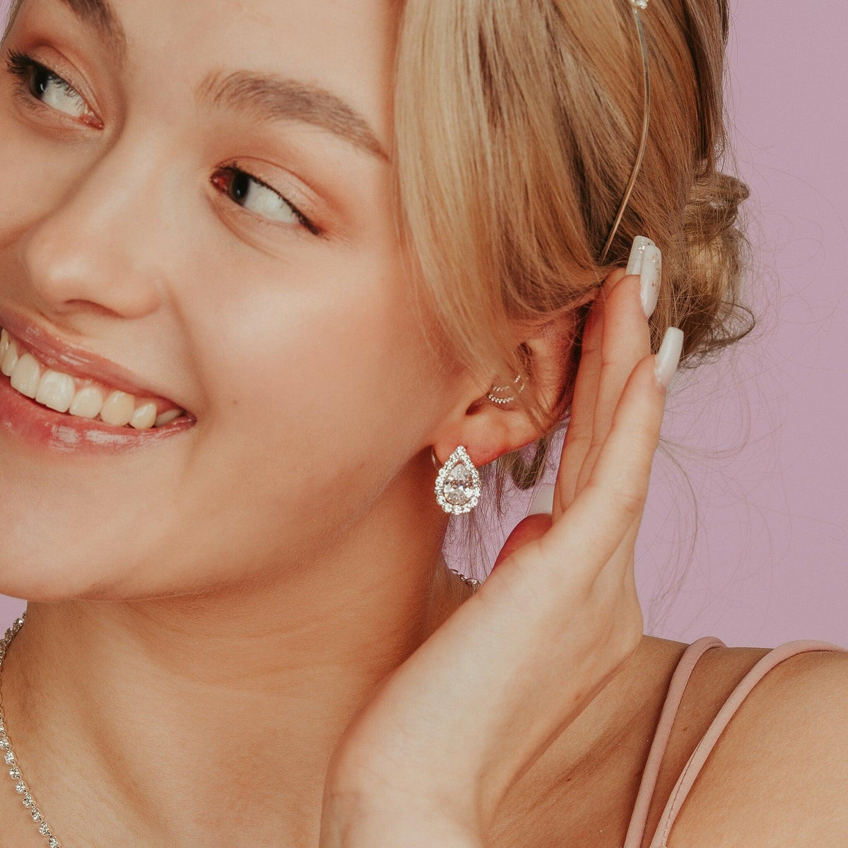 Rhinestone earrings, ROMANCE|Nicole silver-colored party earrings