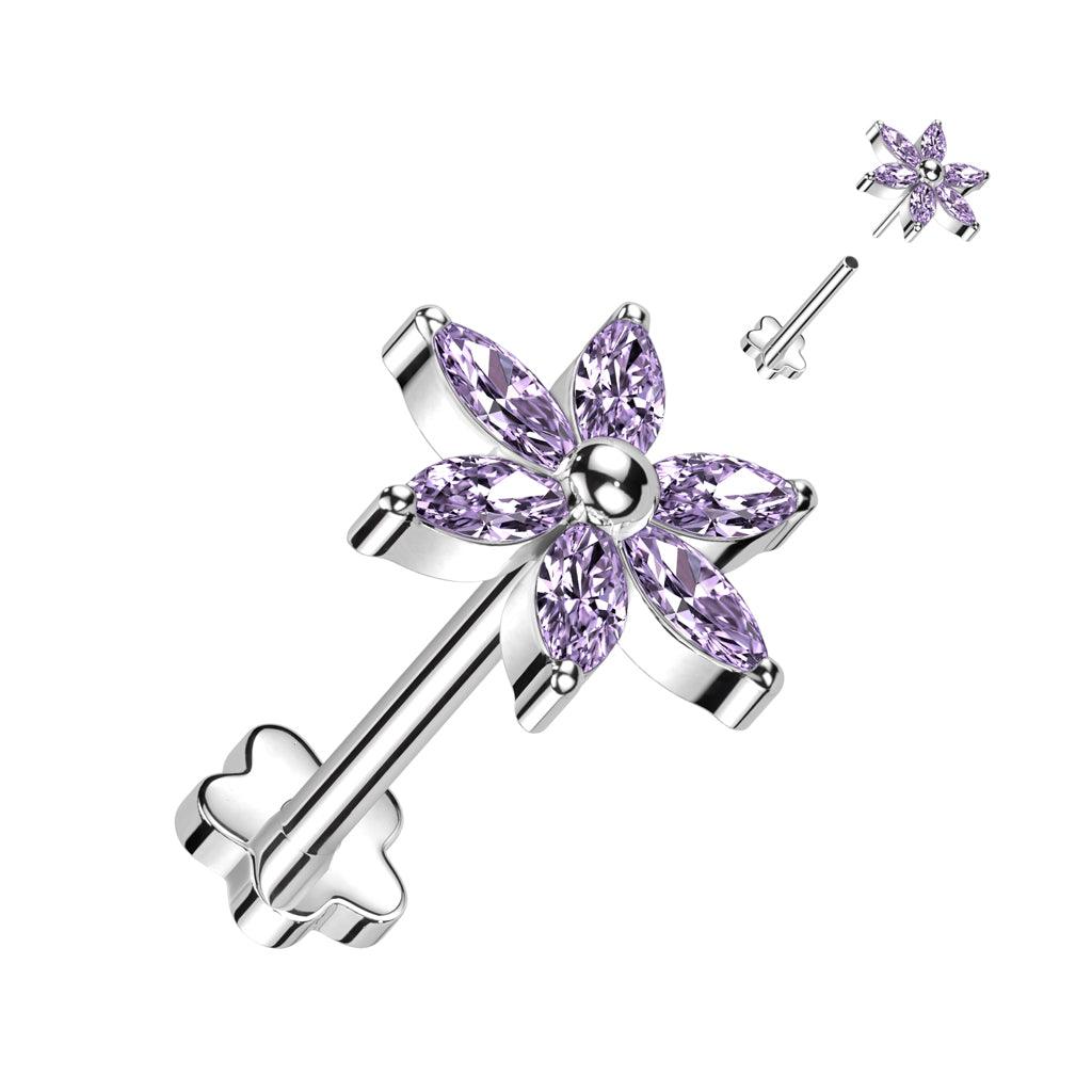 Titaaninen labret 1mm, Purple Push in Flower Labret