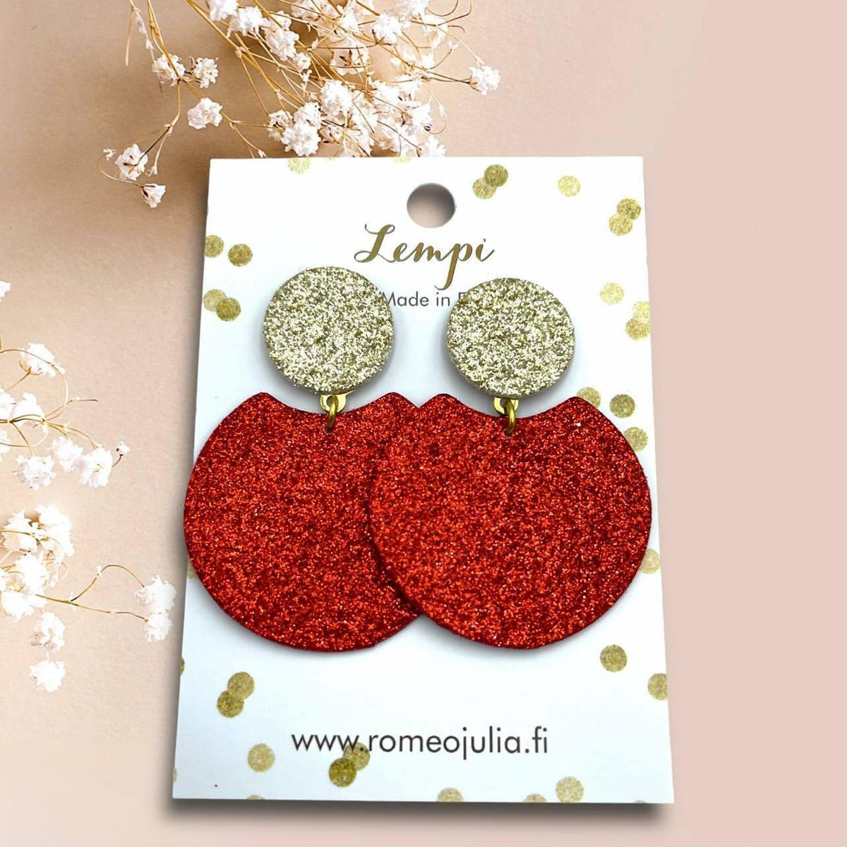LEMPI® earrings, Tilda -size M (red & gold glitter)