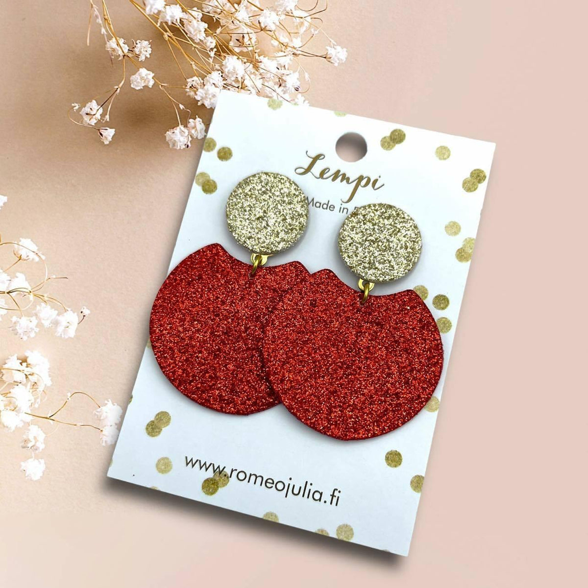 LEMPI® earrings, Tilda -size M (red & gold glitter)