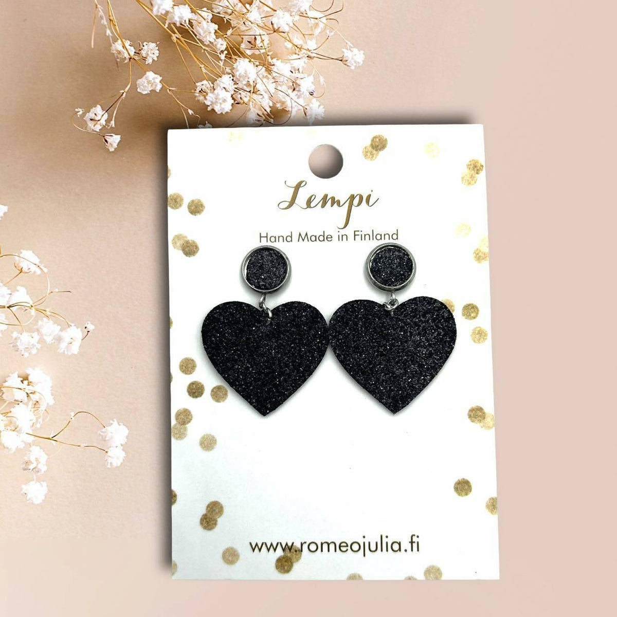 LEMPI®-korvakorut, Hertta (nappi, musta glitter)