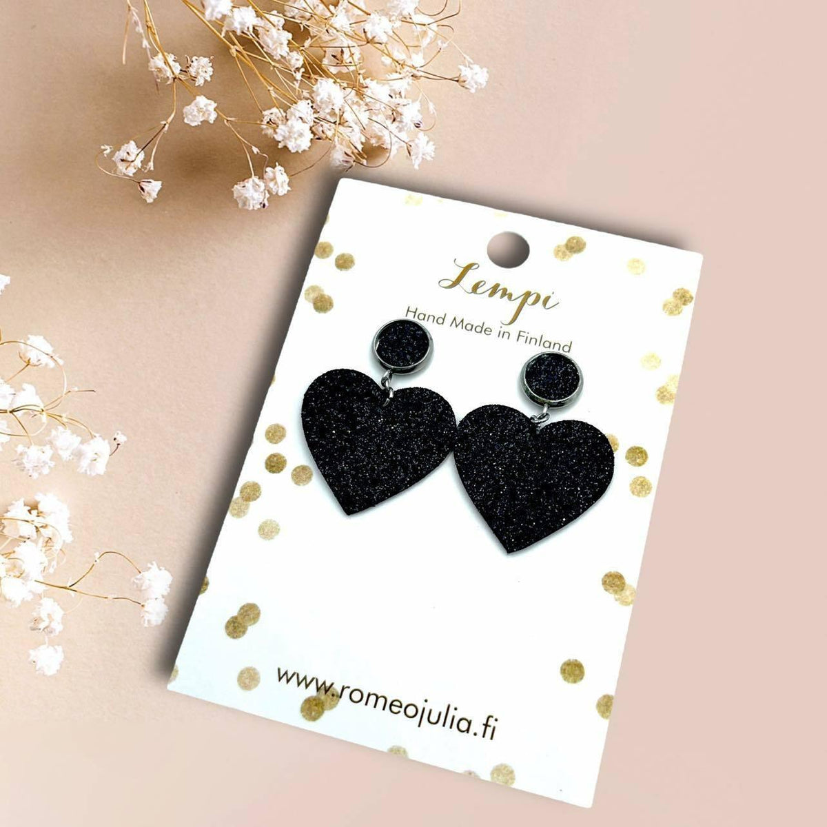 LEMPI®-korvakorut, Hertta (nappi, musta glitter)