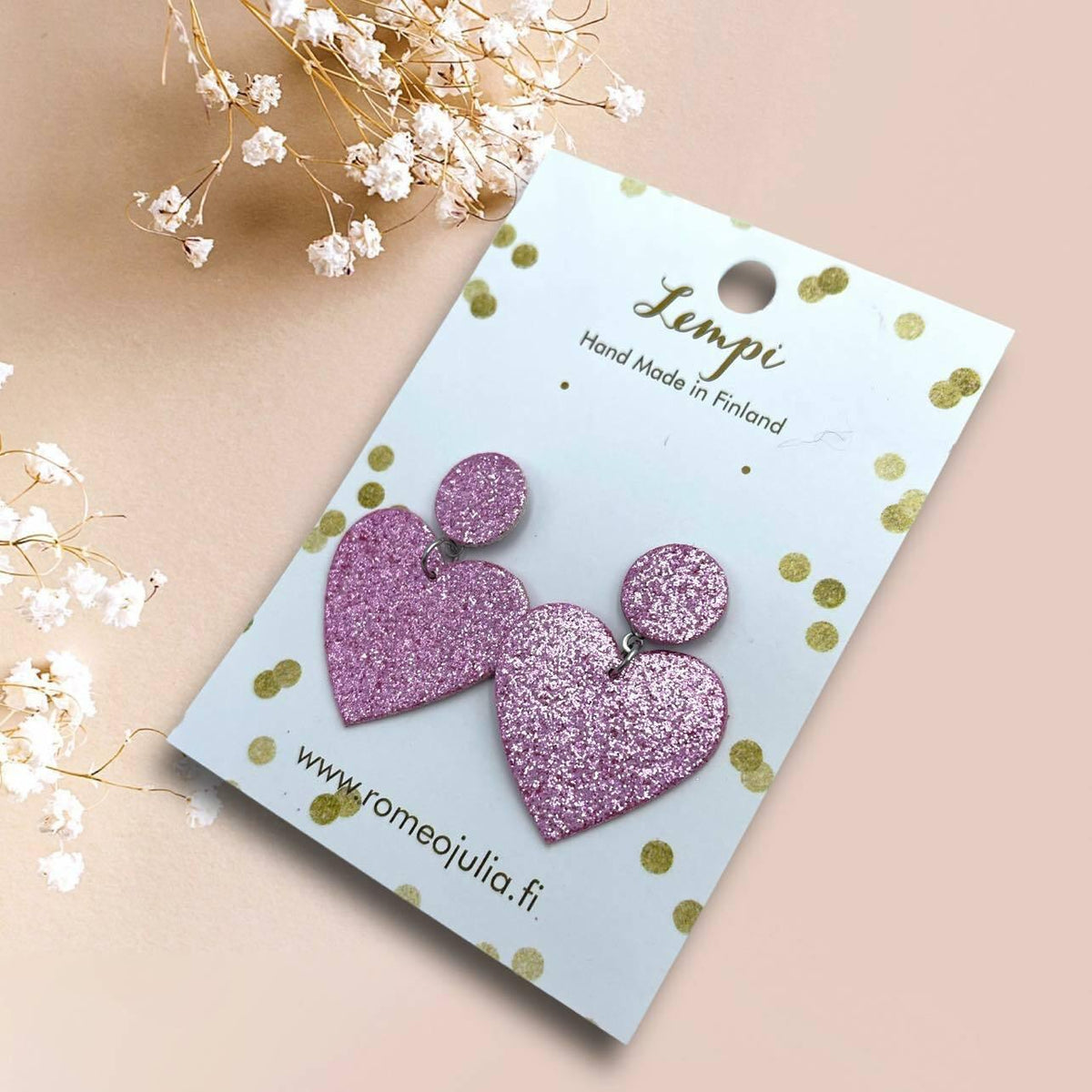LEMPI® earrings, Hellä - sparkly pink heart earrings