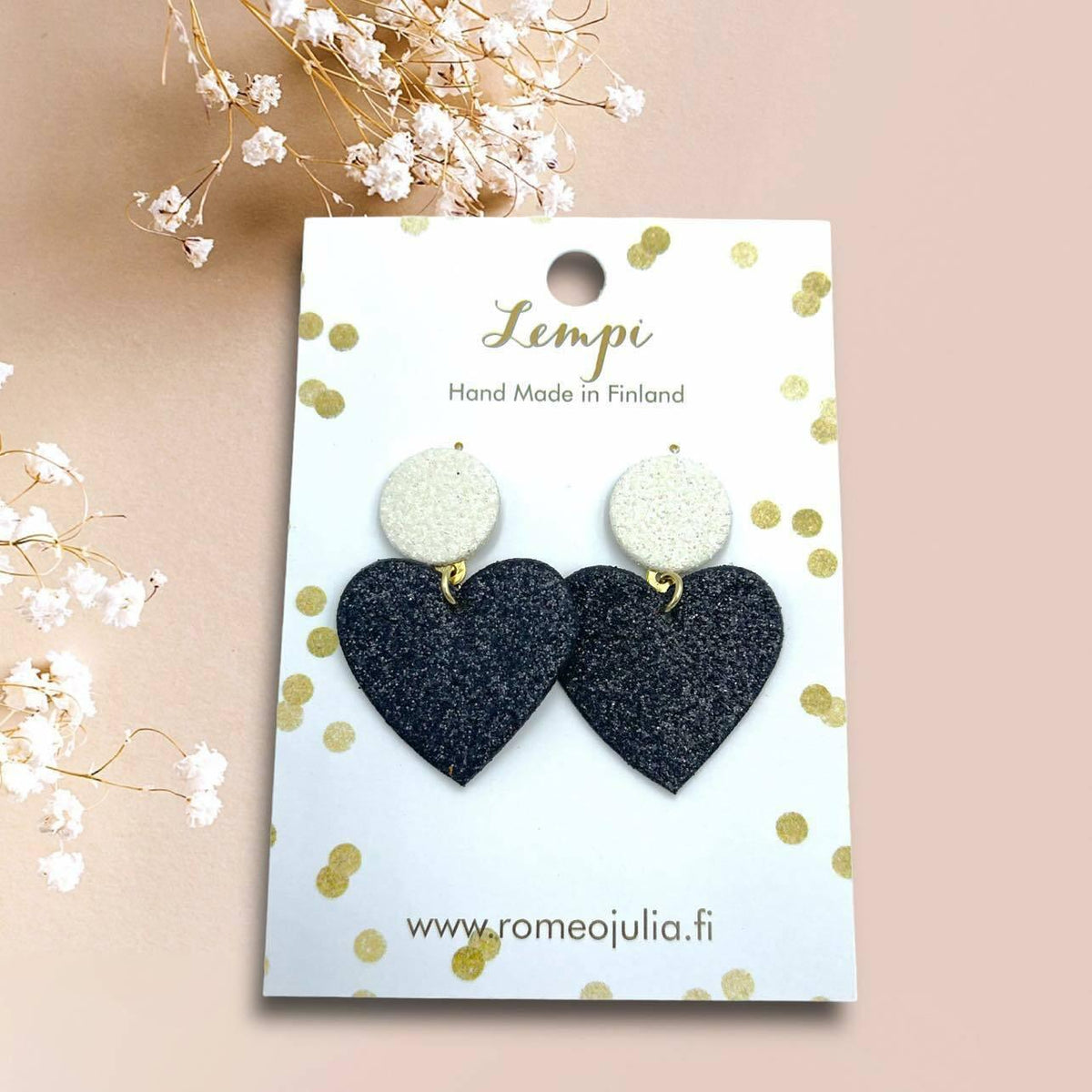 LEMPI® earrings, Hellä - sparkling white and black heart earrings