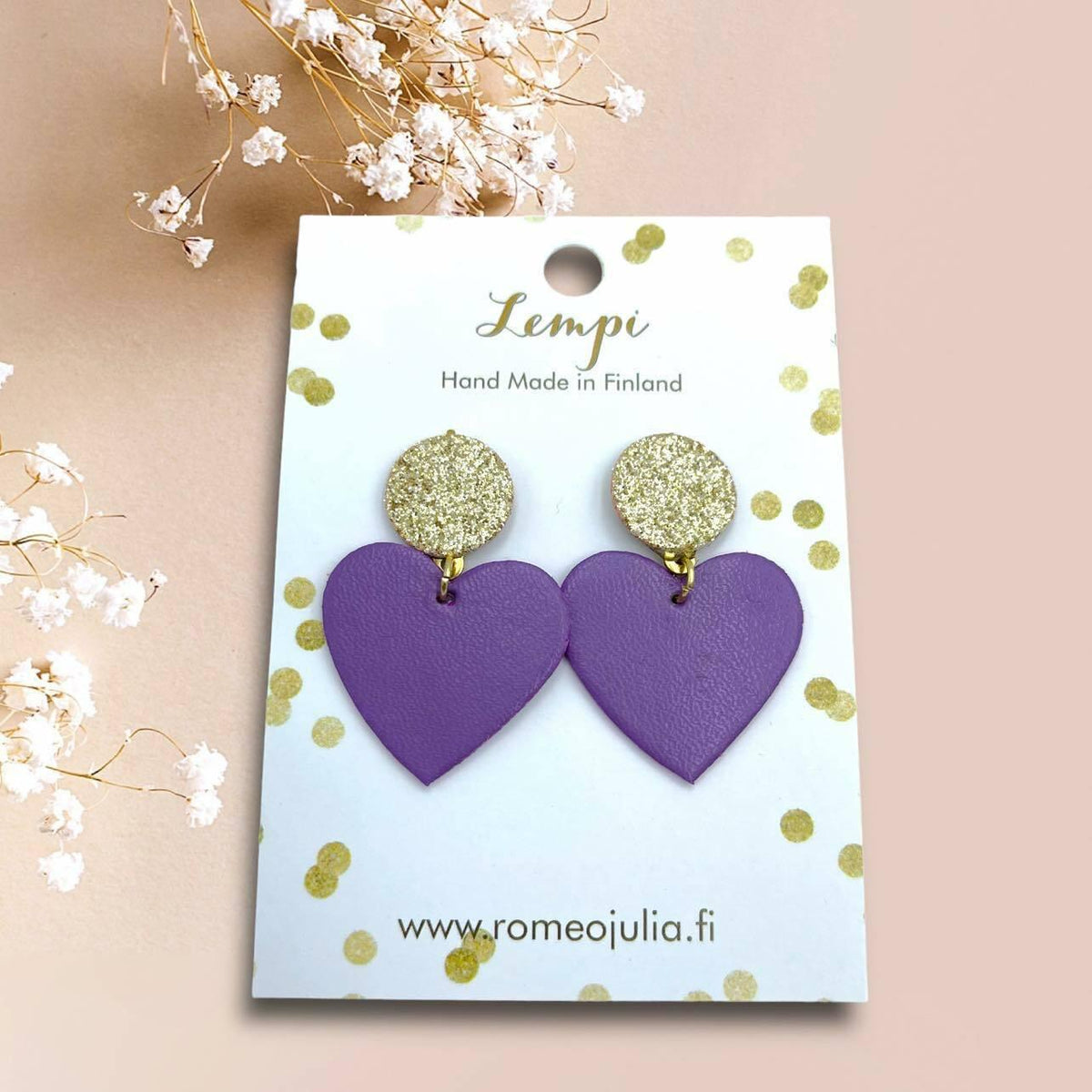 LEMPI® earrings, Hellä -gold-lilac heart earrings