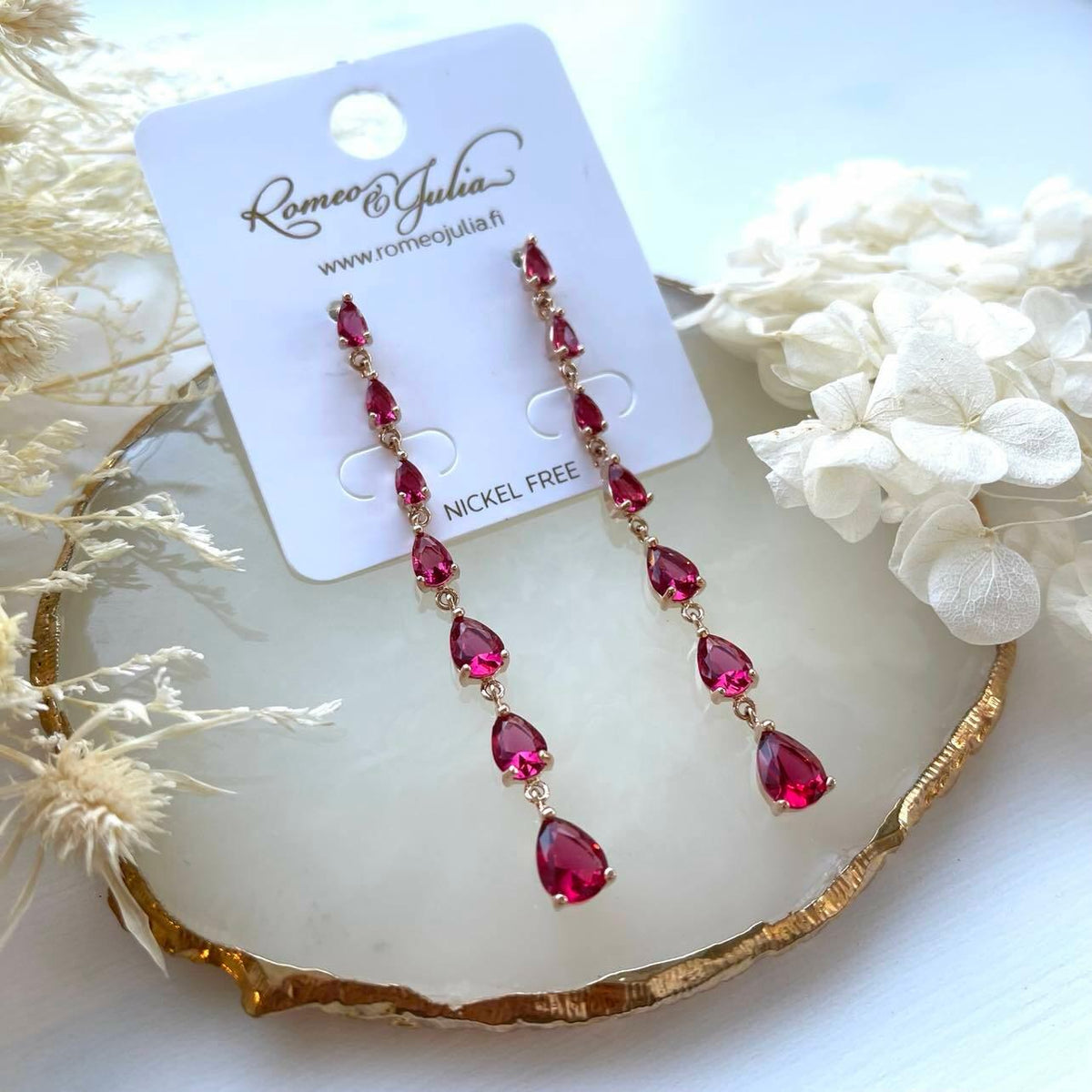 ROMANCE|Teardrop Earrings in Rosy Ruby -ruusunpunaiset juhlakorvakorut