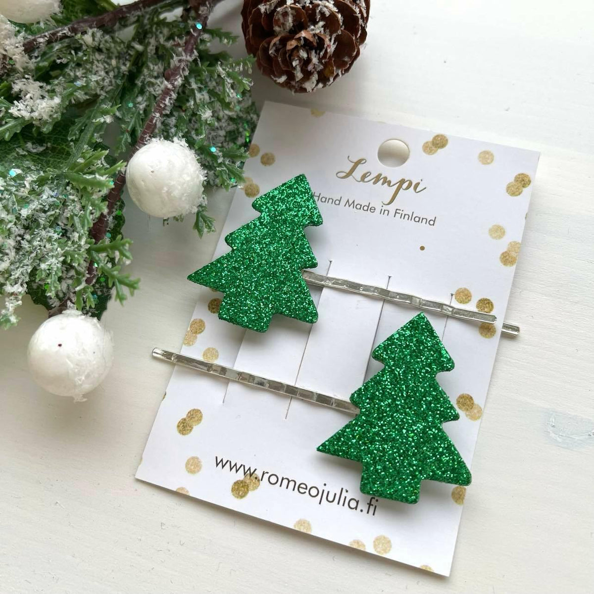 LEMPI hair clips, Christmas tree (green glitter)