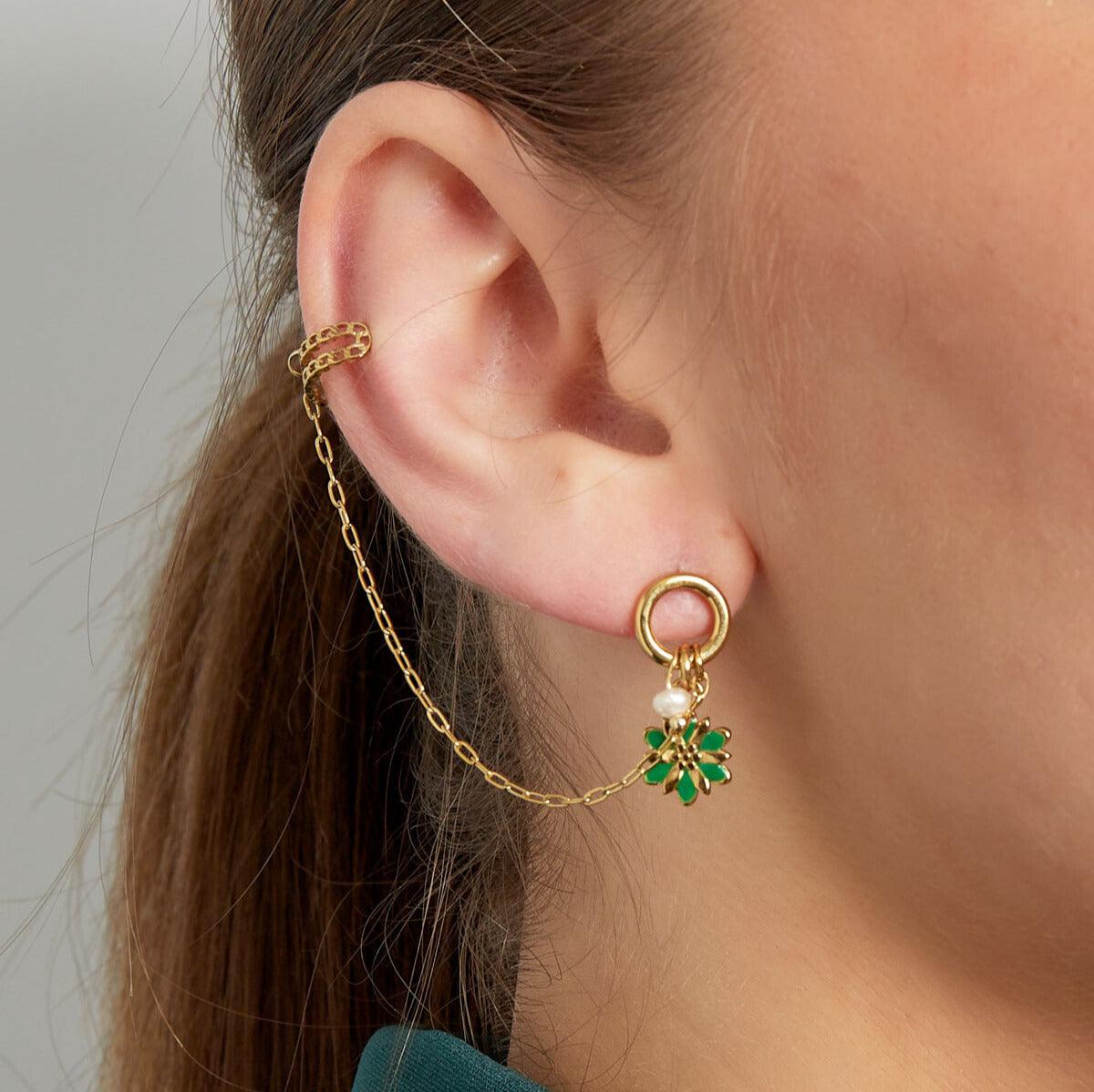 FRENCH RIVIERA | Addy -kirurginteräs ear cuff kukalla (vihreä)