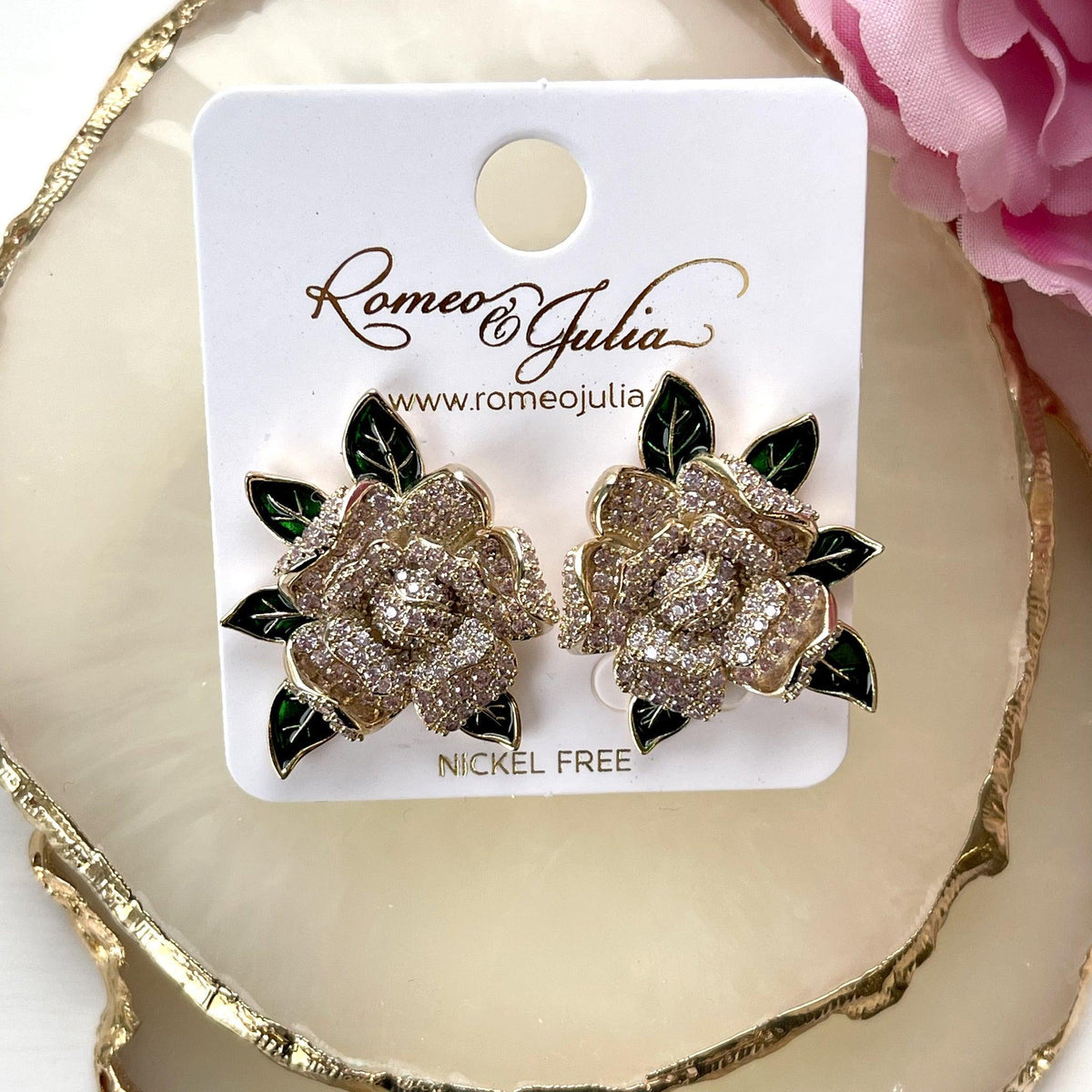 ROMANCE | Allure pink rose flower party earrings