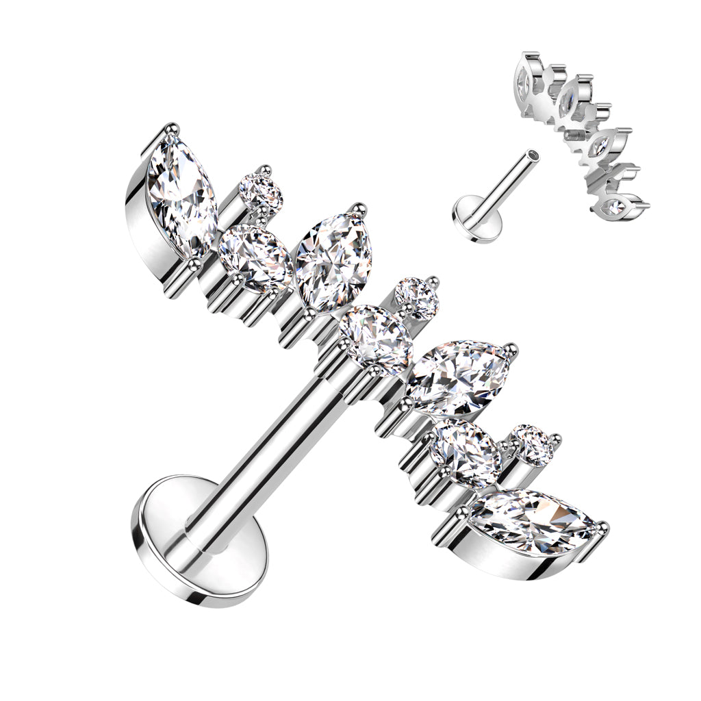 Titanium labret 1.2mm, Crystal Crown Arc – crown-shaped crystal row (silver, internal thread)