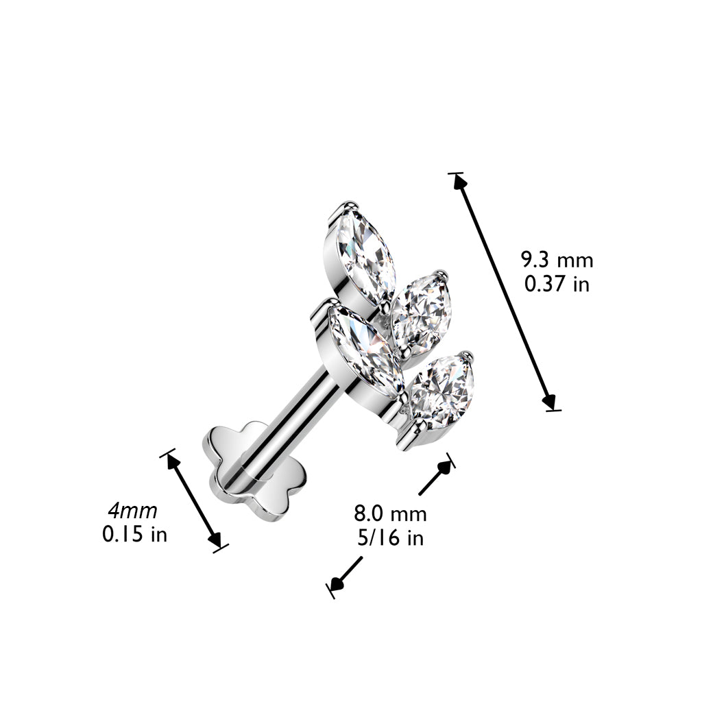 Labret 1.2mm, Titanium Crystal Leaf – leaf-shaped crystal jewelry made of titanium (gold)