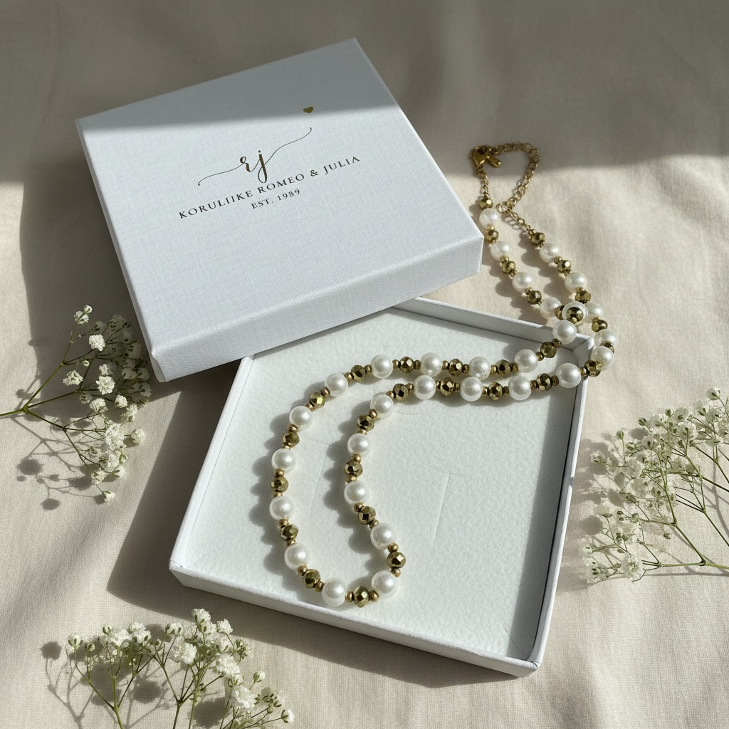 Jolie Champagne handmade pearl necklace (white, gold)
