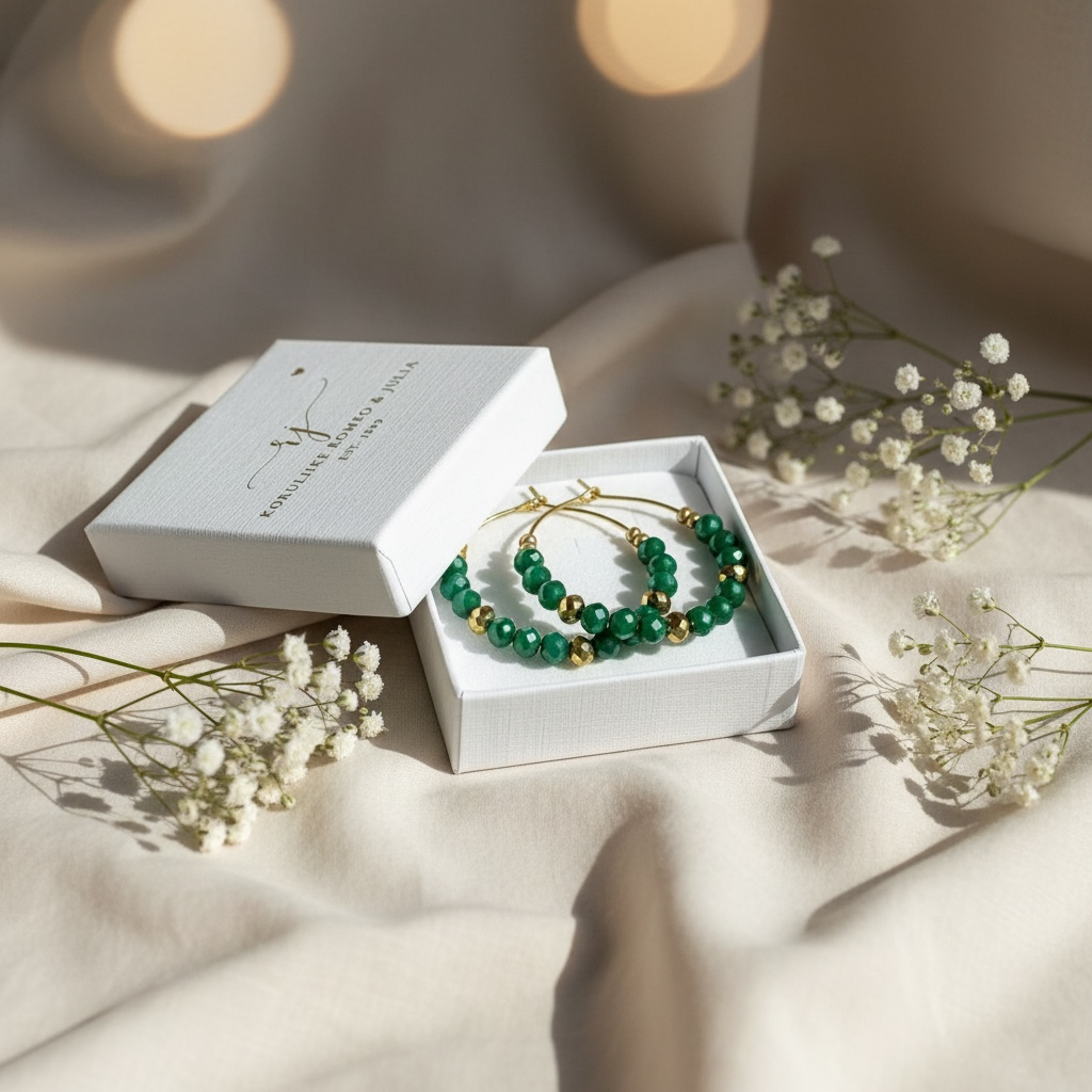 Jolie Emerald –käsintehdyt helmirenkaat (vihreä, kulta)