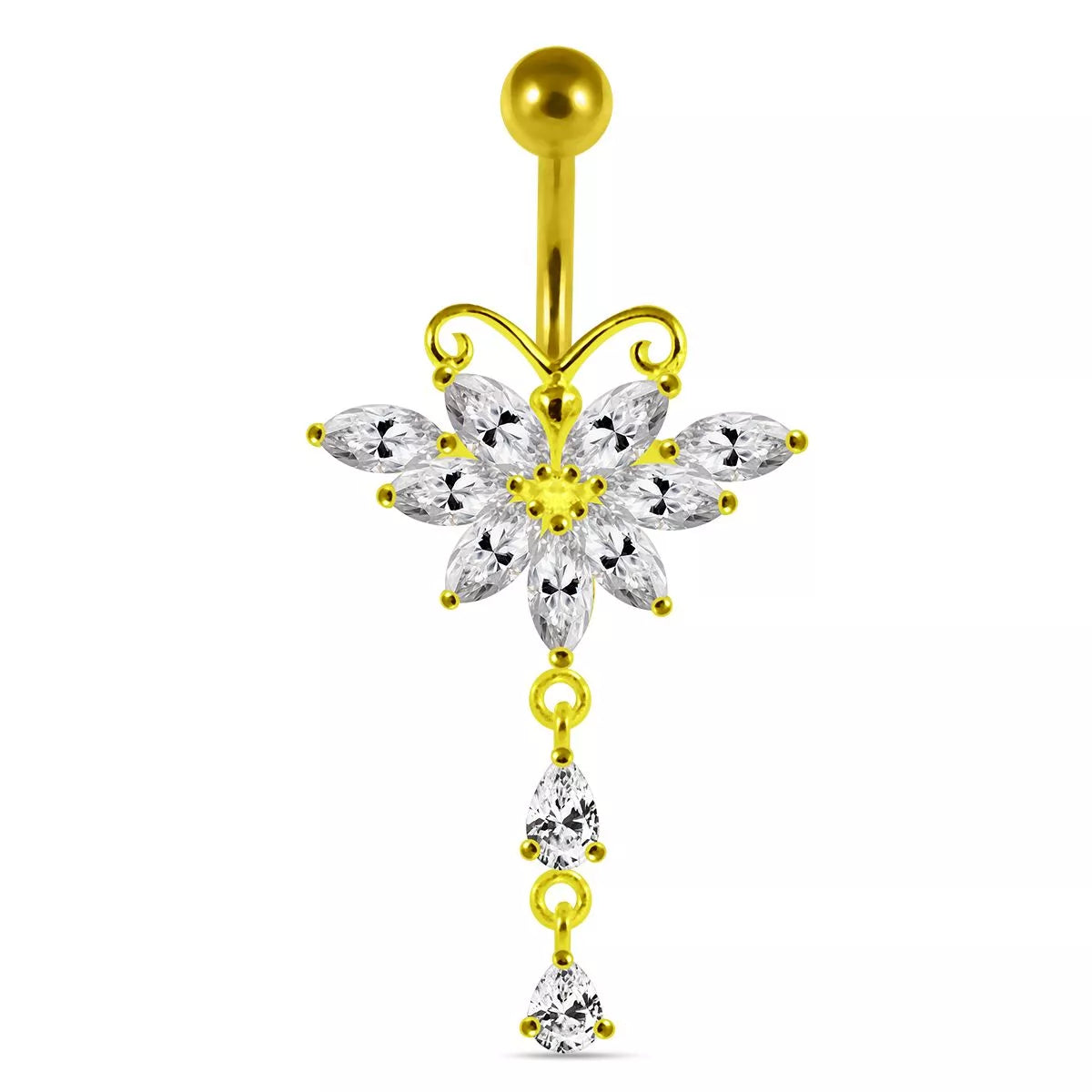 Gold-plated belly button ring, Eternal Butterfly - clear dangling butterfly