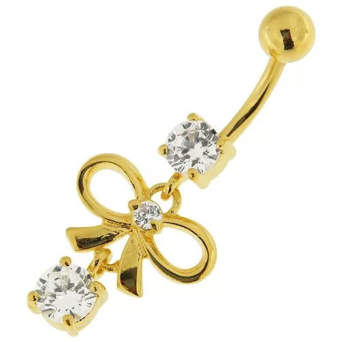 Gold-plated belly button ring, Chérie Bow – clear stone bow
