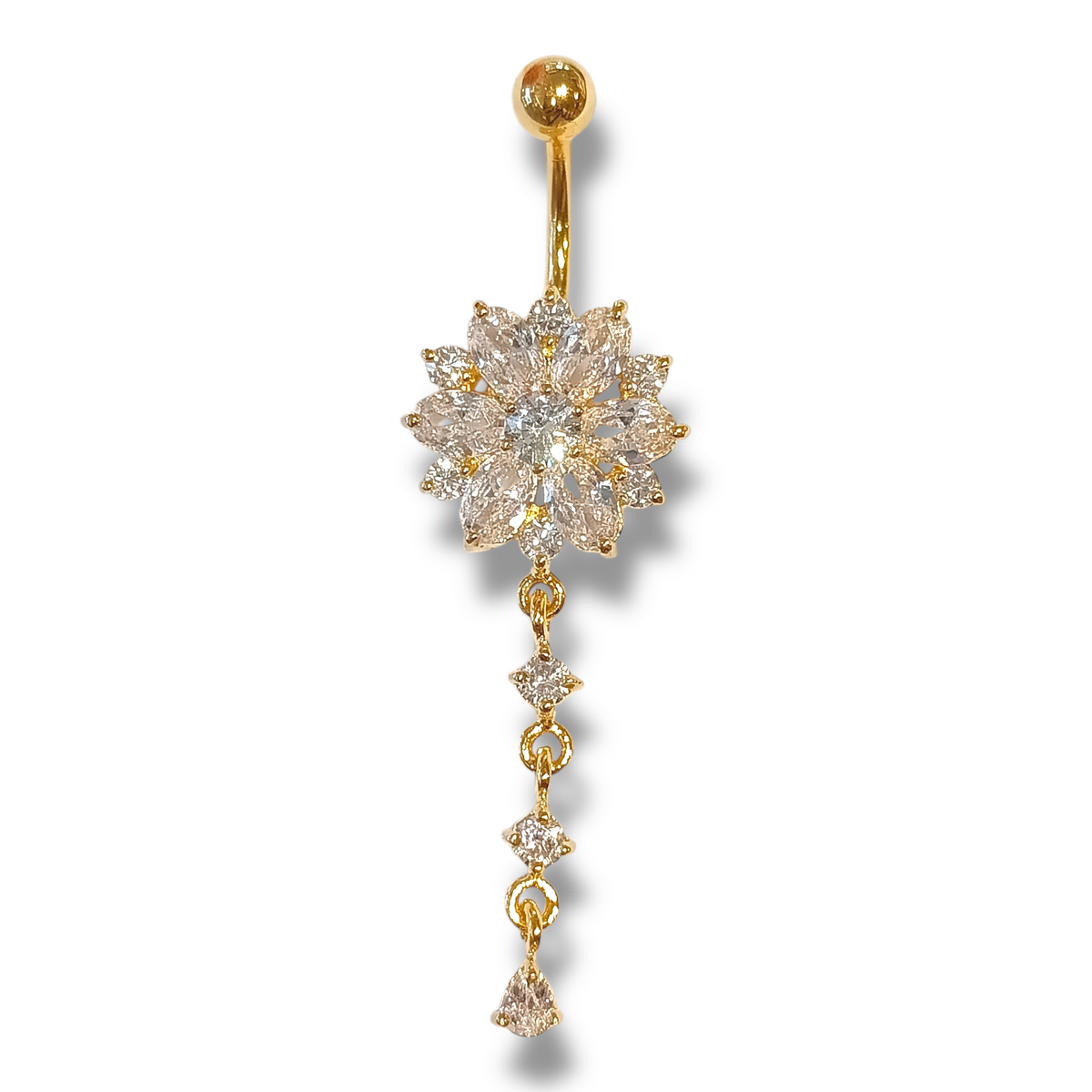 Gold-plated belly button ring, Luxe Blossom – a striking bright flower ring with a chain