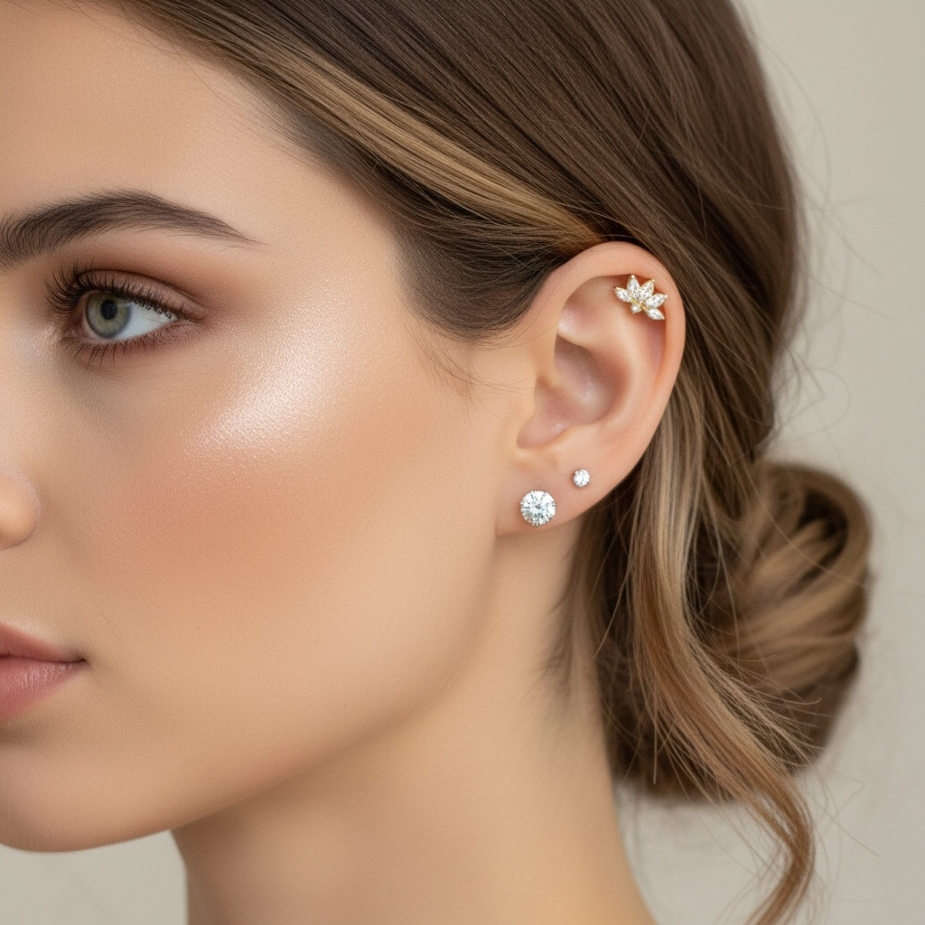 PVD-pinnoitettu kultainen 1,2 mm labret push in -kiinnityksellä korvassa.