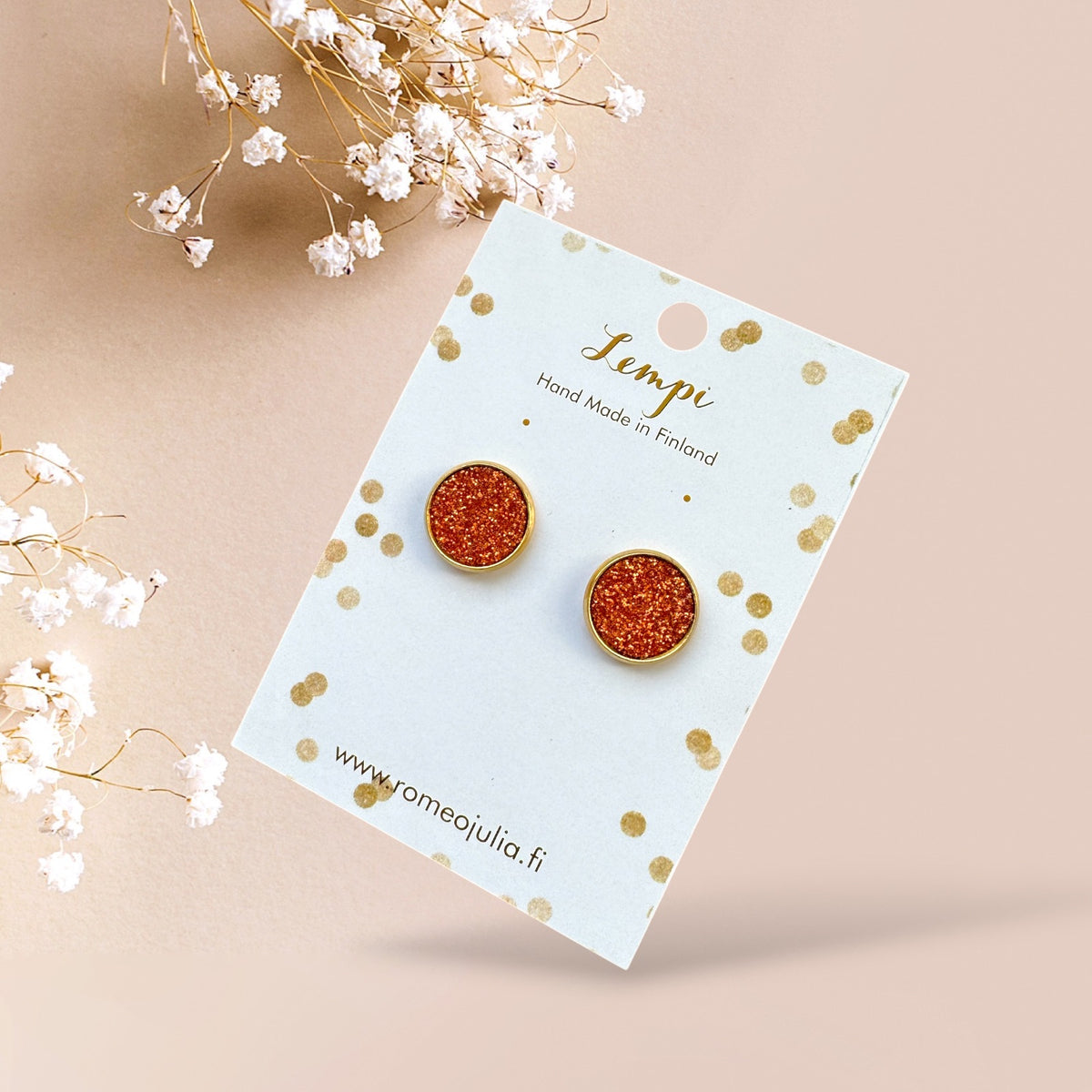 LEMPI® earrings, Veera – round stud earrings (orange glitter, S)
