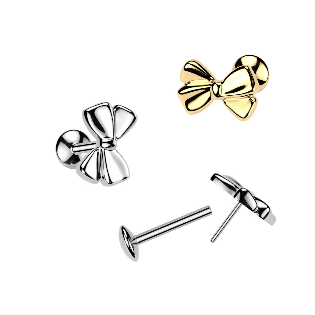 Titaaninen push-in labret rusetti 8 mm varrella tragus- ja flat-lävistykseen hopea- ja kultaversio.