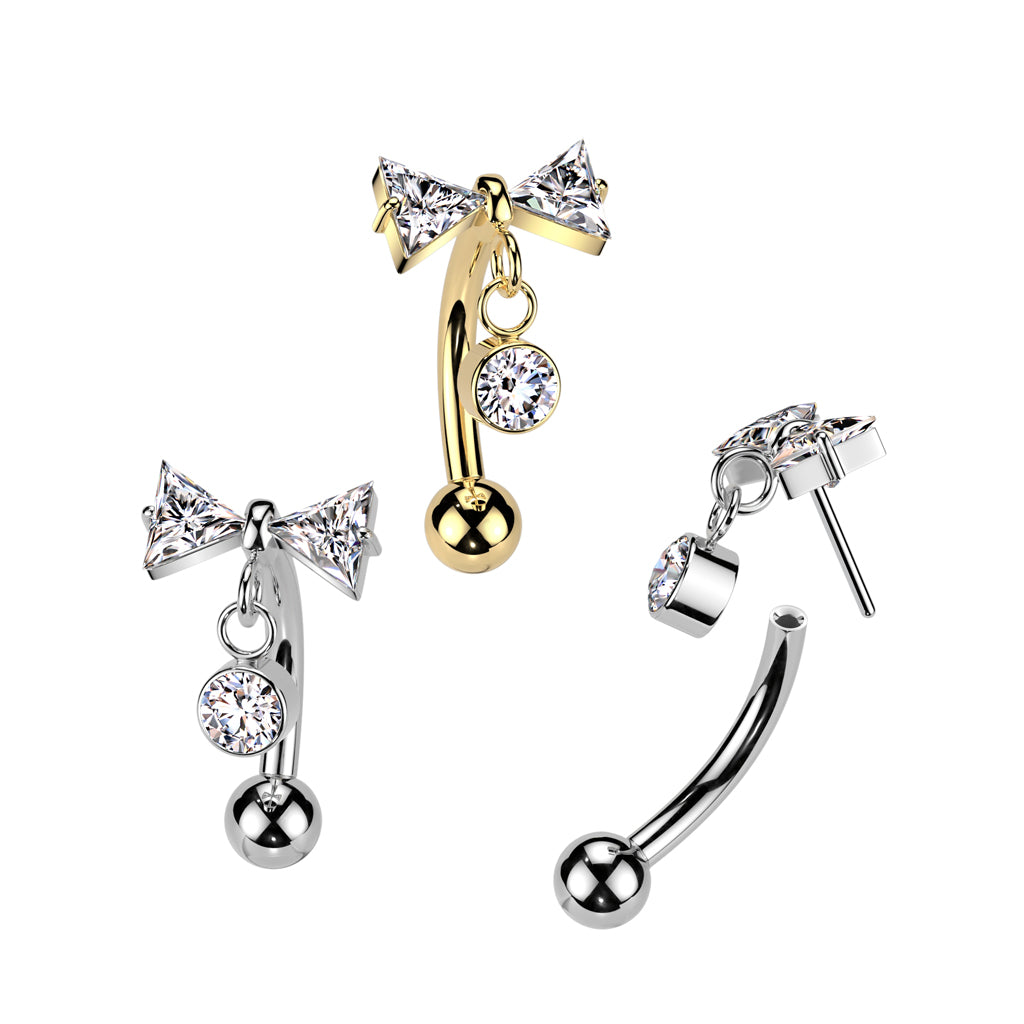 Curved Barbell 1.2mm, Titanium Bowdrop – elegant push-in bow with dangling detail (gold)