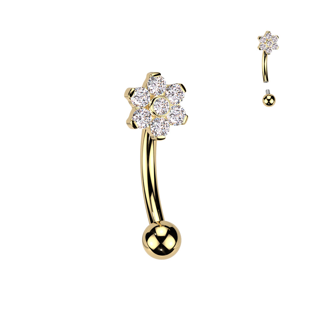 Curved Barbell 1.2mm, Titanium Blossomlight – sparkling flower decoration made of titanium (gold)