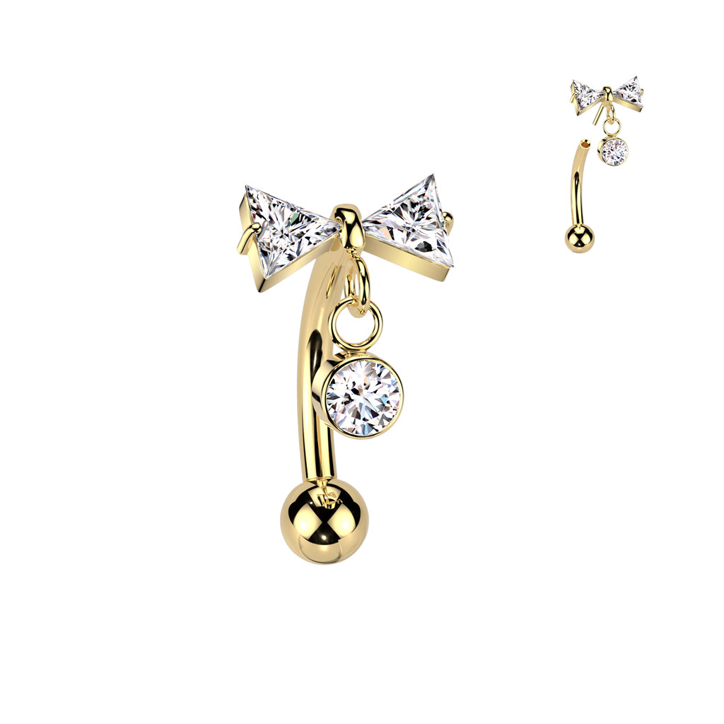 Curved Barbell 1.2mm, Titanium Bowdrop – elegant push-in bow with dangling detail (gold)
