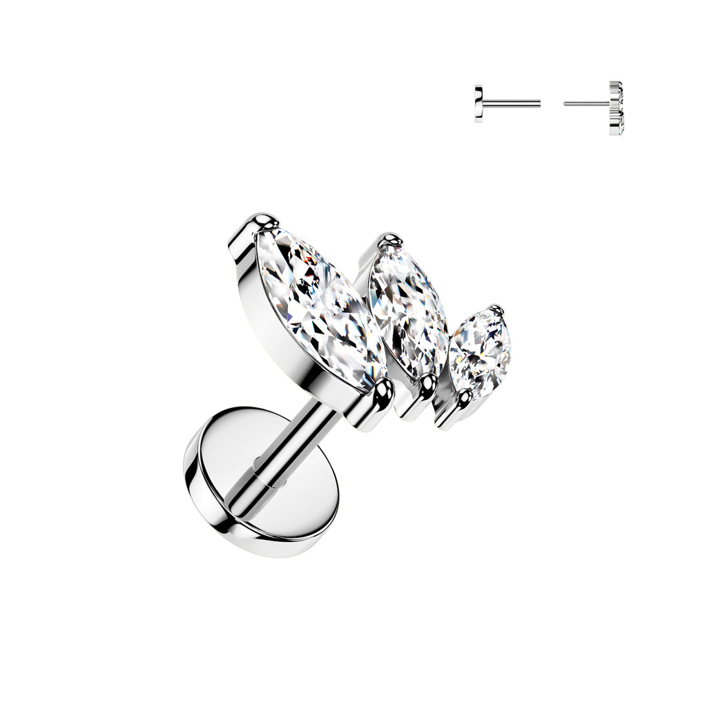 0,8 mm titaanilabret kolmella marquise-kivellä, push in -kiinnitys.