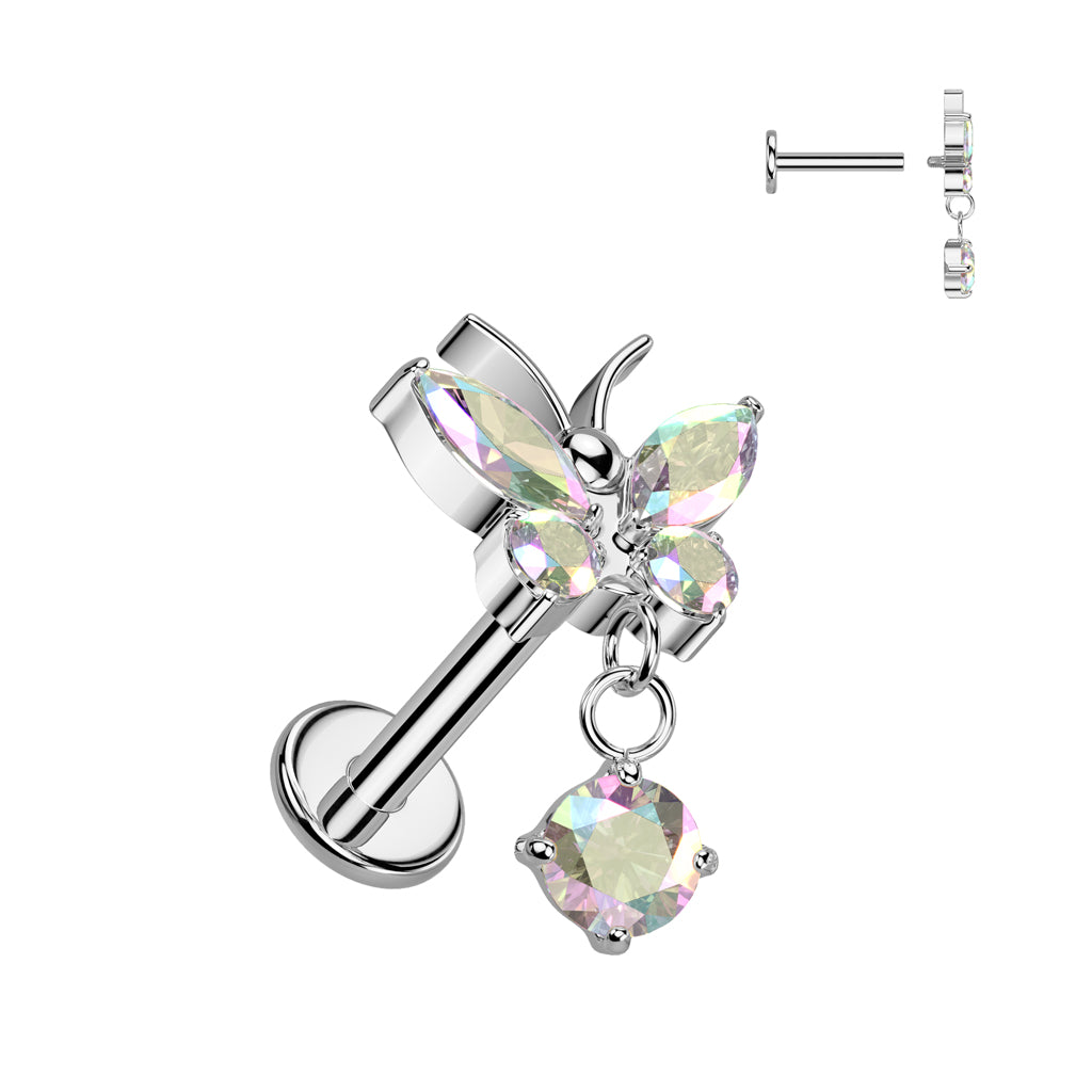 Labret 1,2mm, Titanium Flutter Drop – perhoskoristeinen titaanikoru (hopea, AB)