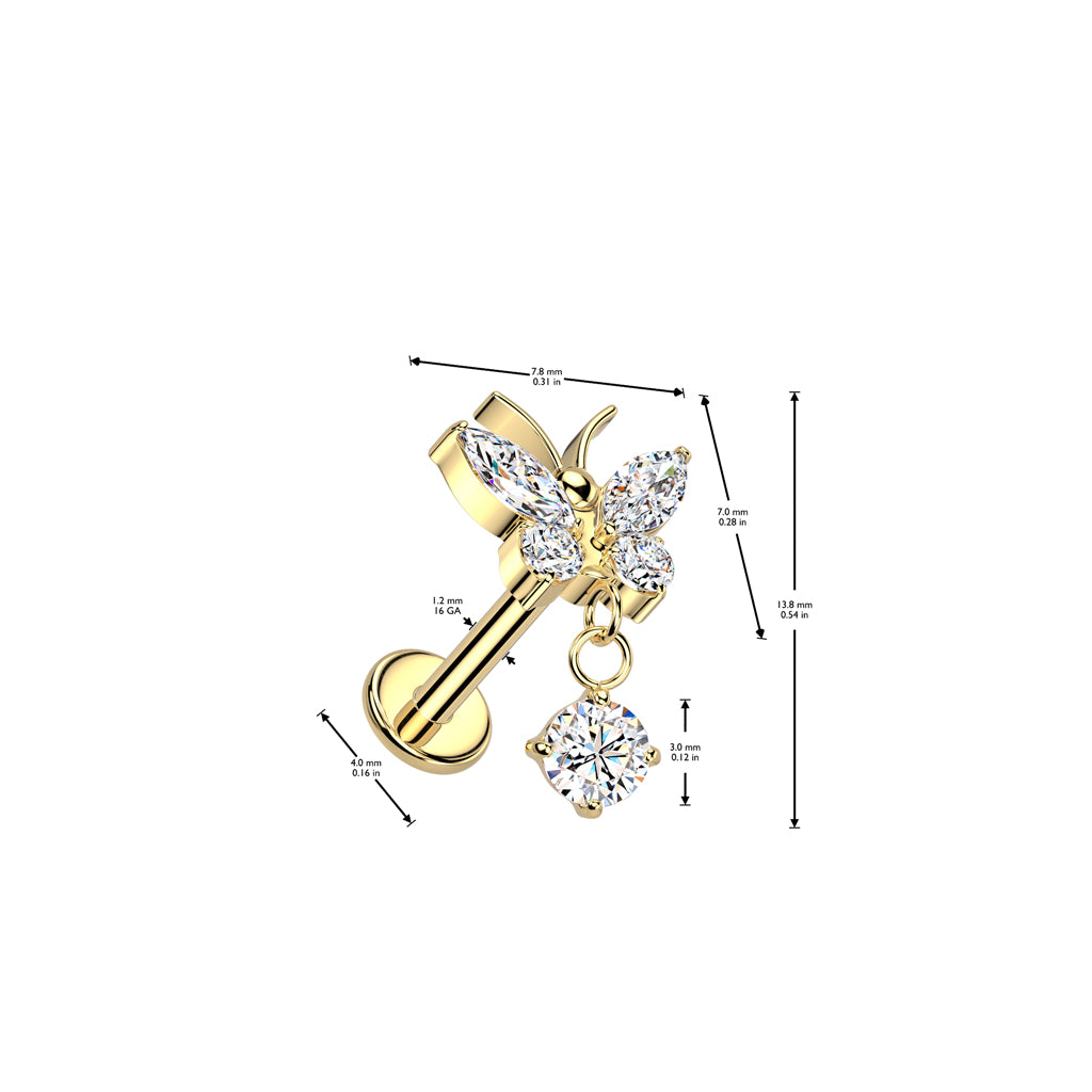 Labret 1,2mm, Titanium Flutter Drop – perhoskoristeinen titaanikoru (hopea, AB)