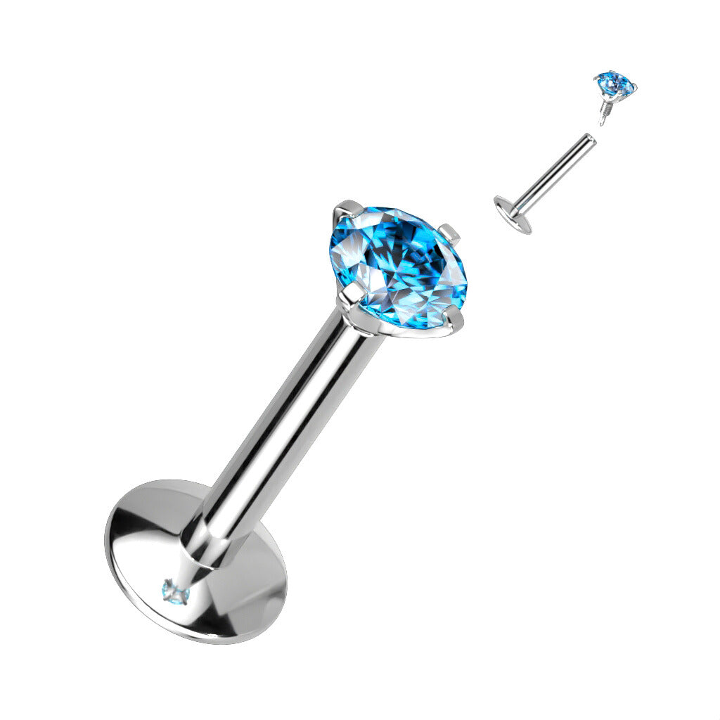 Labret 1.2mm Titanium Round Medium 3mm CZ in Blue (extra long internal thread)