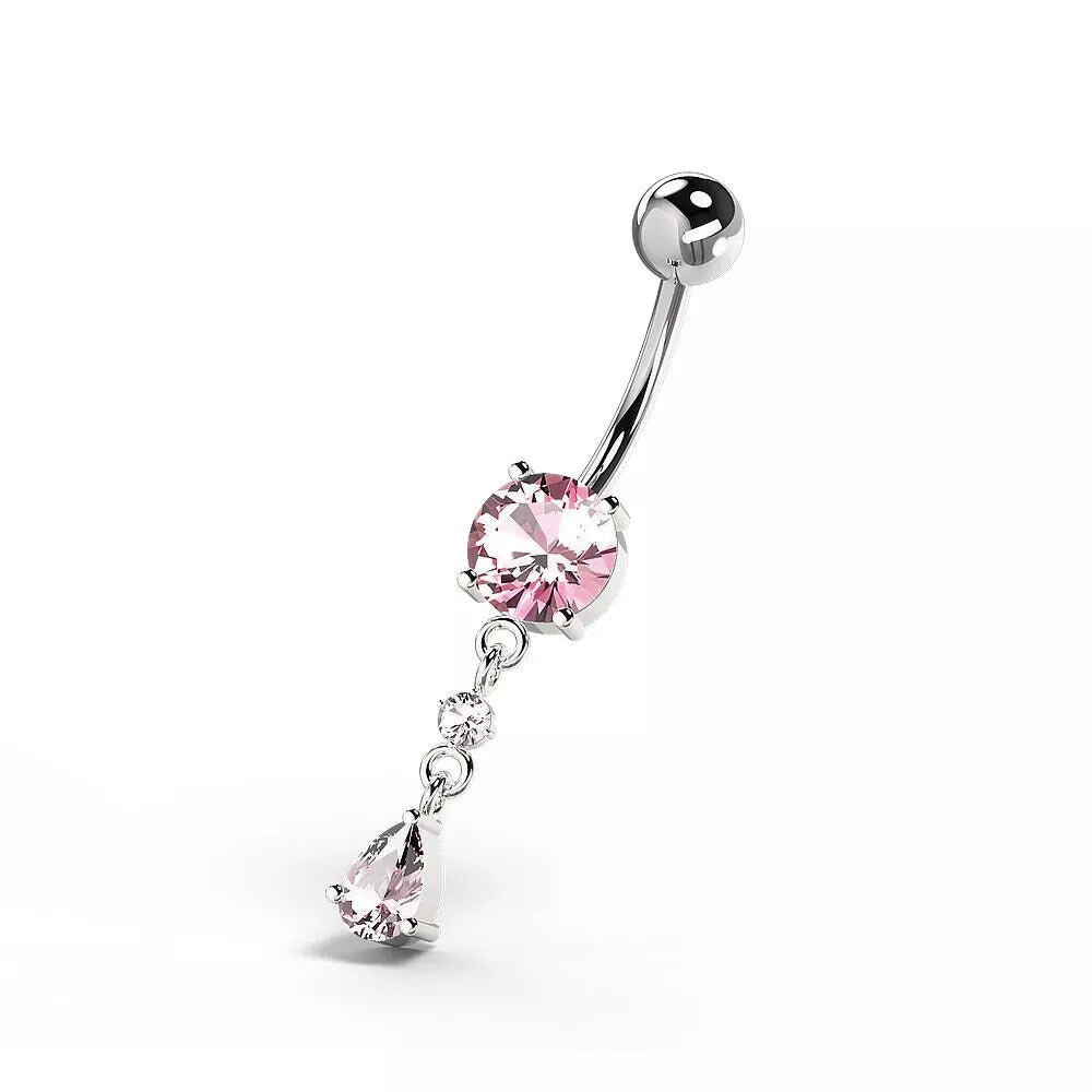 Titanium navel necklace, Simple Teardrop – pink crystal drop