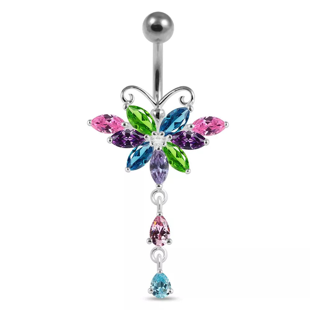 Titanium navel necklace, Eternal Butterfly - multi-colored hanging butterfly