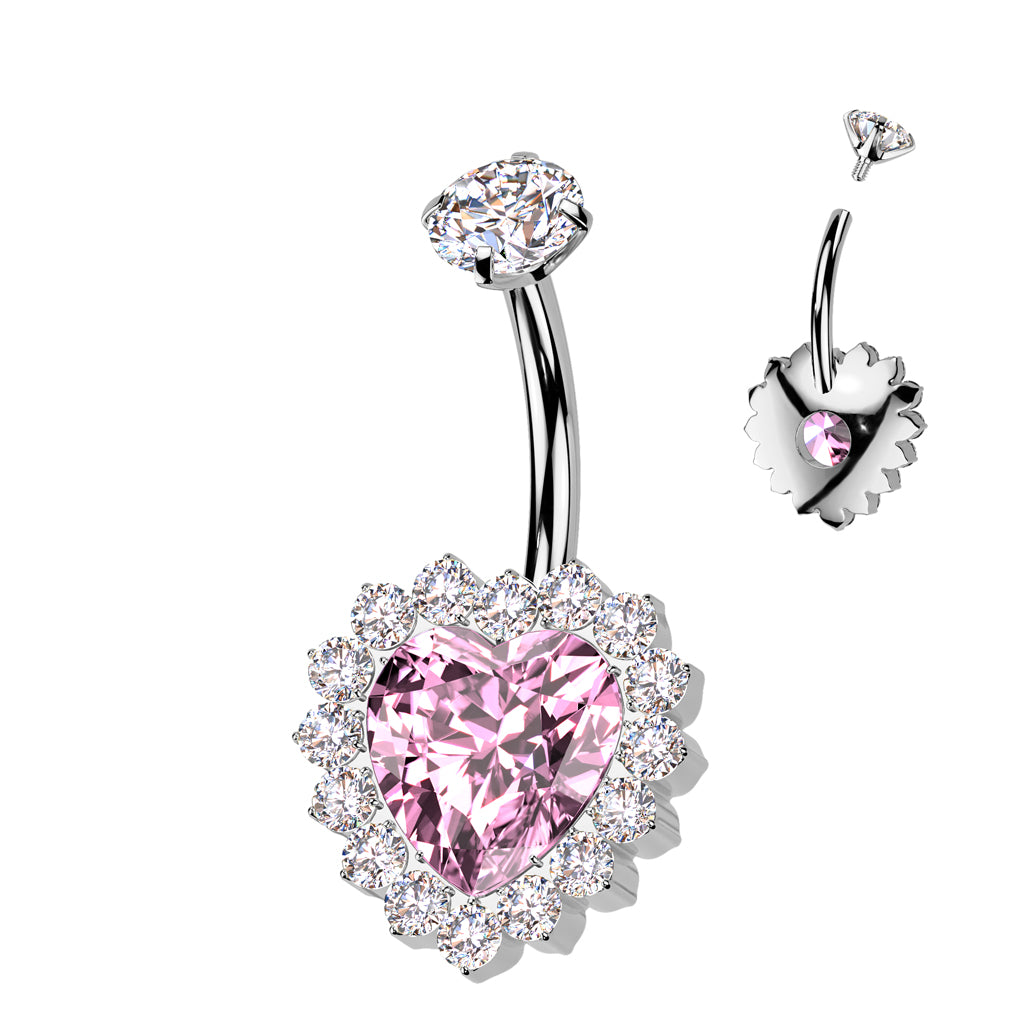 Titanium navel ring, Sweetheart crystal navel ring with heart (pink)