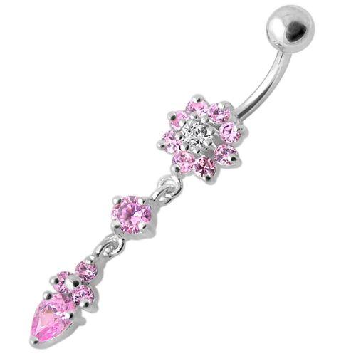 Titanium navel necklace, Jade pink dangling flower navel necklace