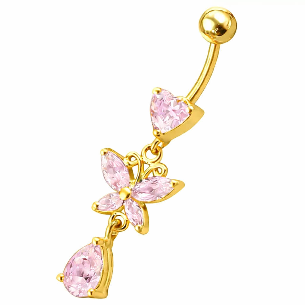 Gold-plated belly button ring, Elena – pink crystal butterfly with a dangling stone