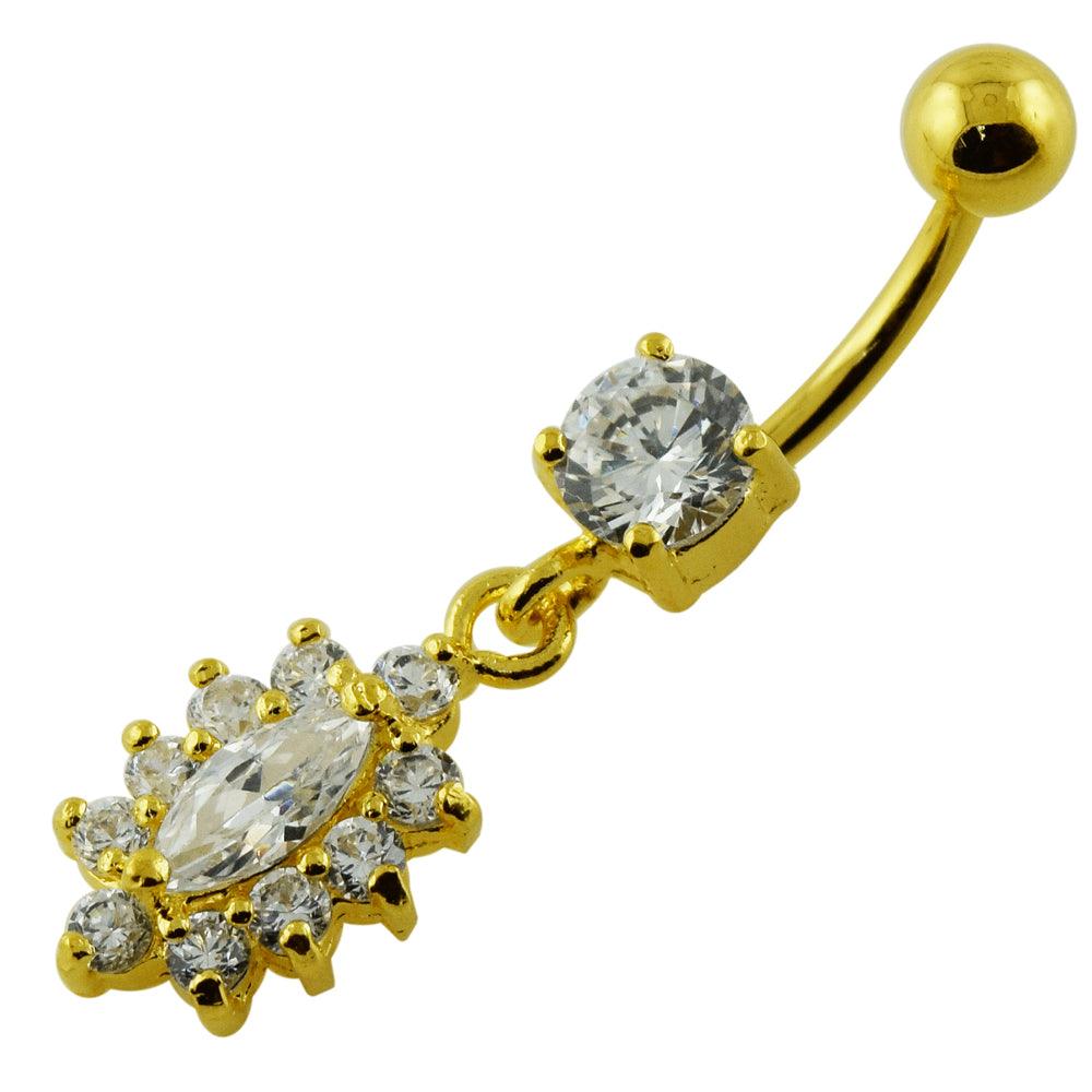 Gold-plated belly button ring, Allison -clear, gracefully decorated belly button ring