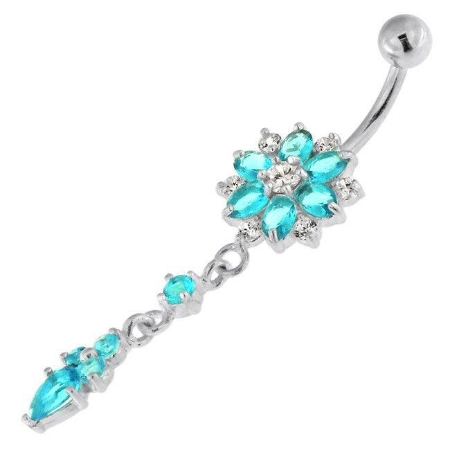 Silver belly button ring with titanium stem, Dangly CZ Flower in Turquoise
