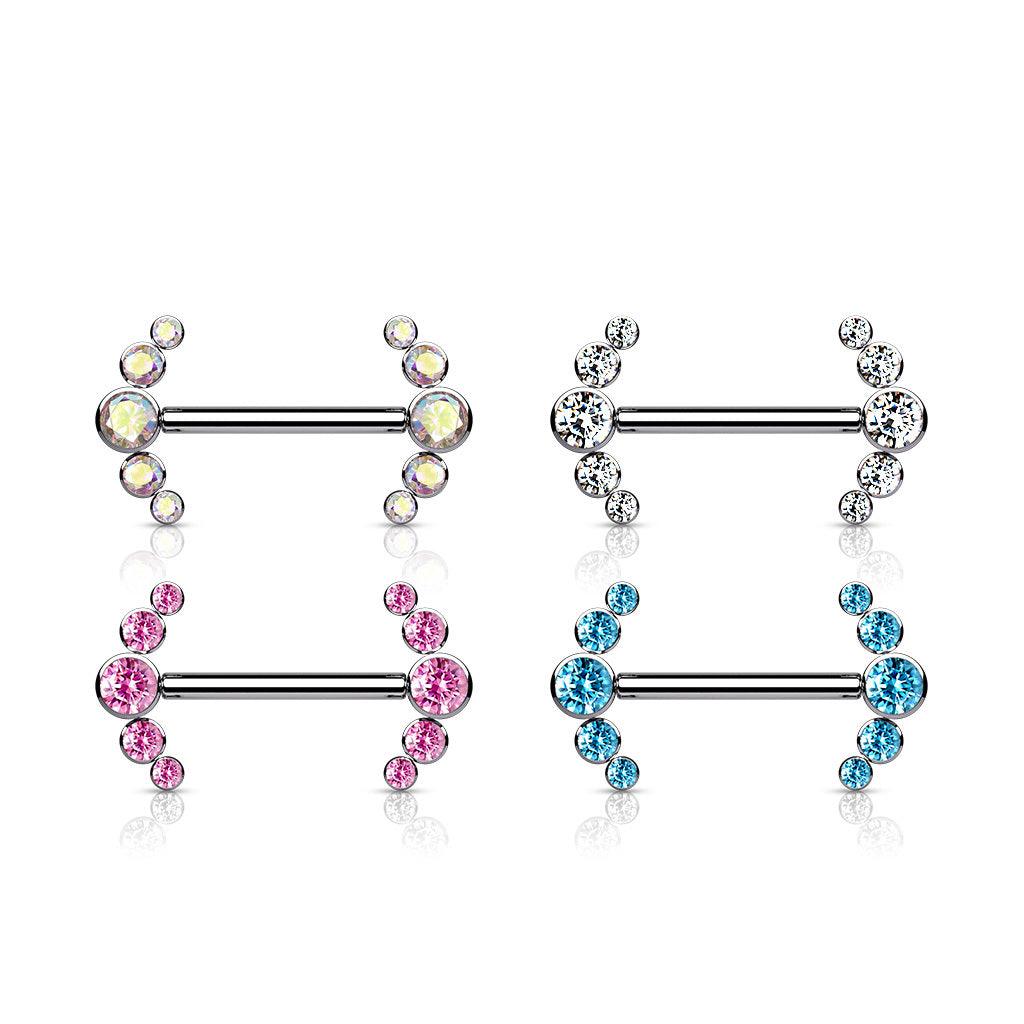 Nipple barbell, Titanium Barbells with 5 Bezel Set CZ in Clear