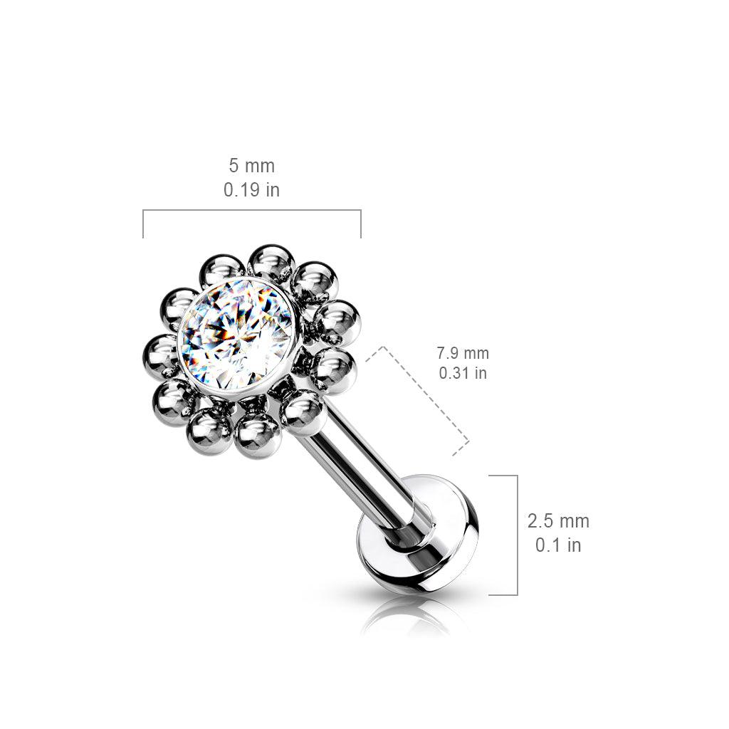 Cartilage/tragus jewelry, Titanium push in labret with clear stone (silver)