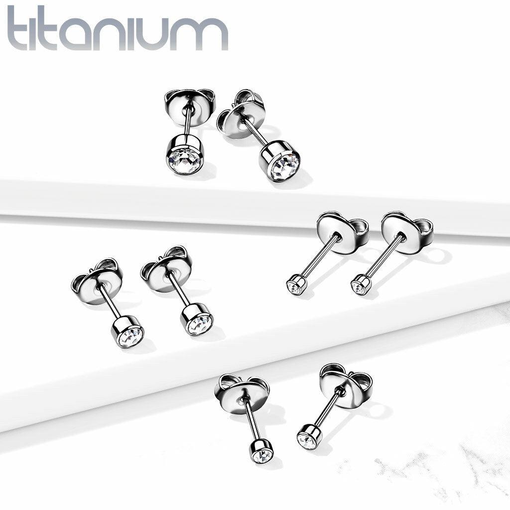 Titanium Stud Earrings, Round Titanium Cubic Zirconia