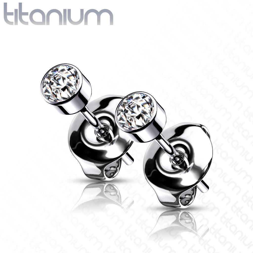 Titanium Stud Earrings, Round Titanium Cubic Zirconia