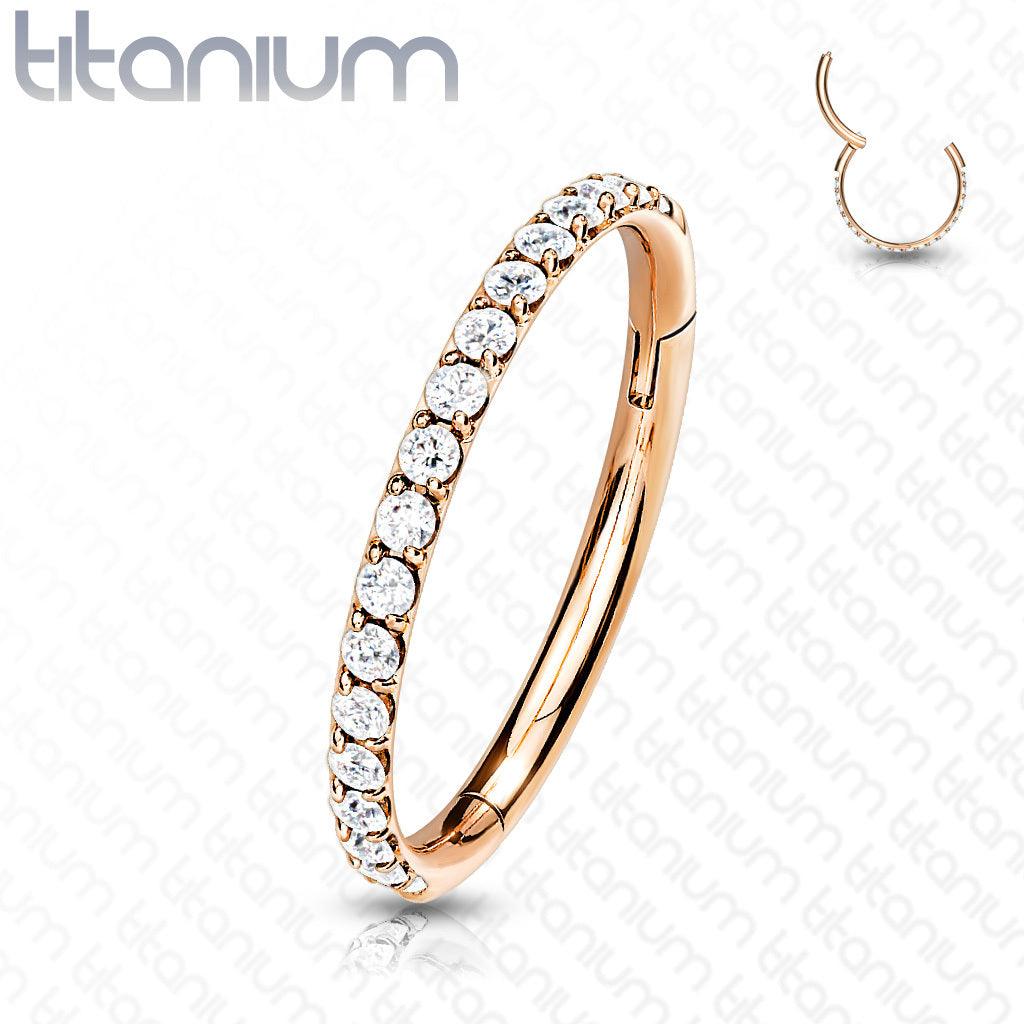 Lävistysrengas, Titanium Hinged Segment Hoop Ring with CZ in Rosegold