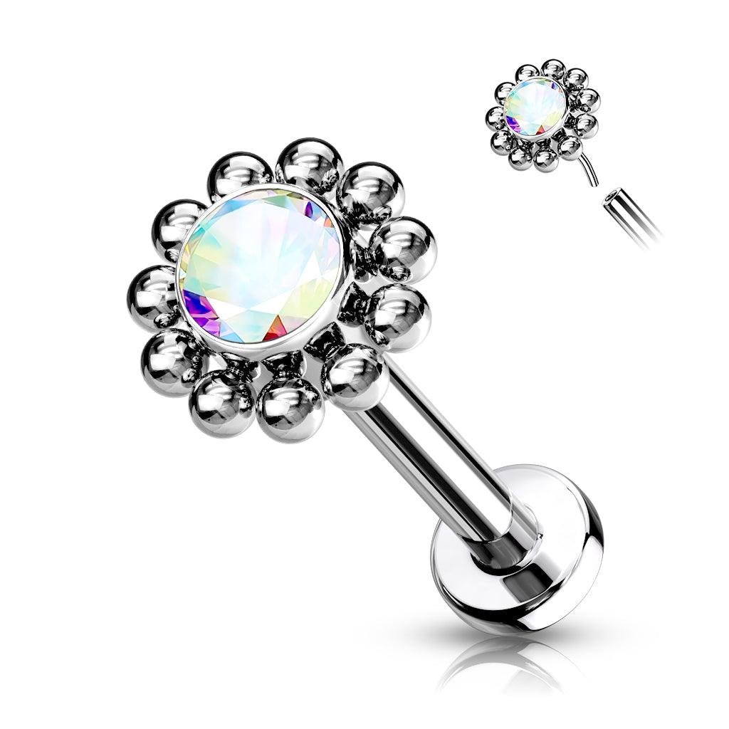 Titaanilabret 1mm, Crystal Blossom -push in, AB kristalli