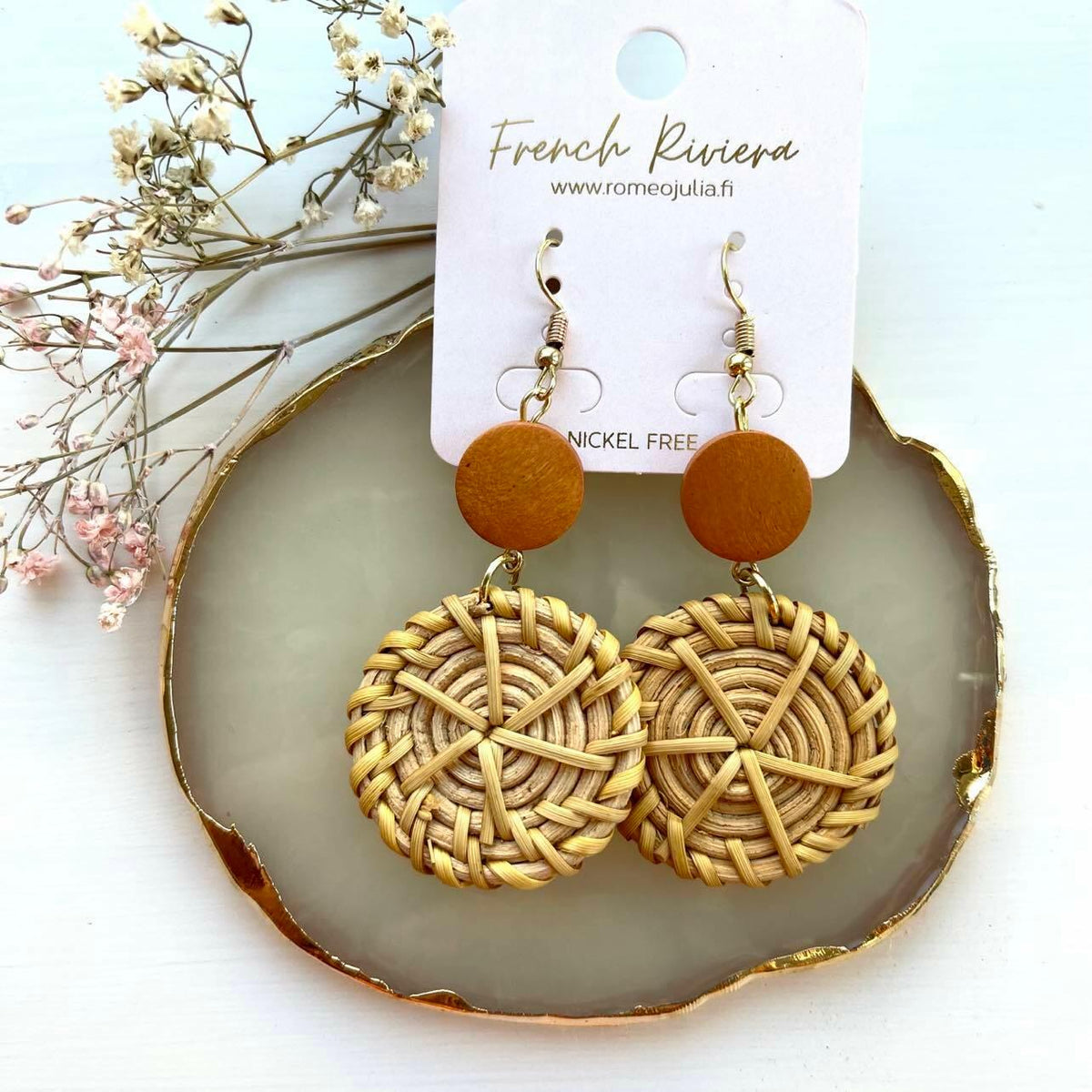 FRENCH RIVIERA|Olive light brown rattan earrings